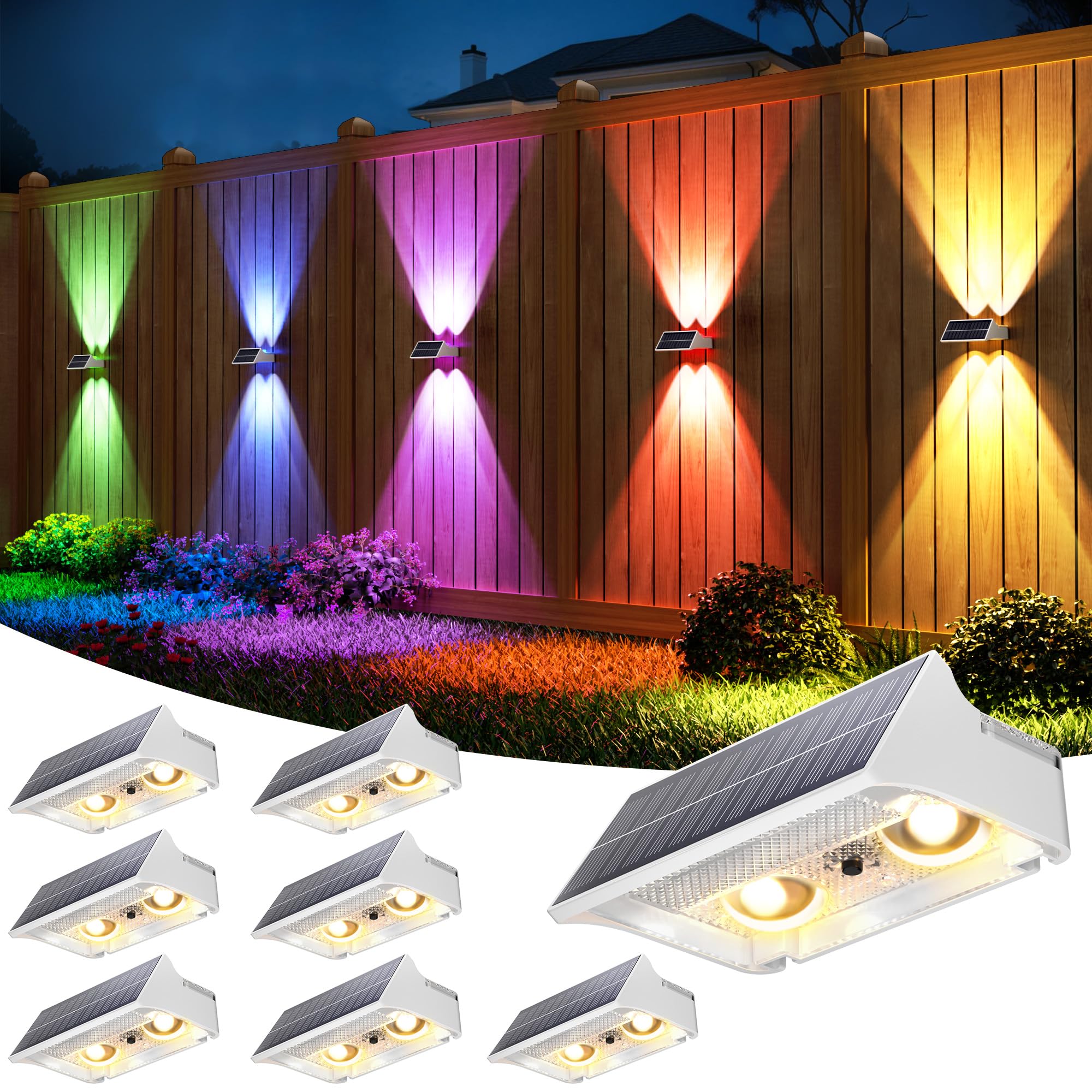 VOLISUN 8 Stück Solar Zaunleuchten für den Außenbereich, 9 Farbmodi und RGB Solar Gartenleuchten, wasserdicht IP65, helle Zaun-Solarleuchten für Garten, Hinterhof, Zaun, Deck (Weiße)