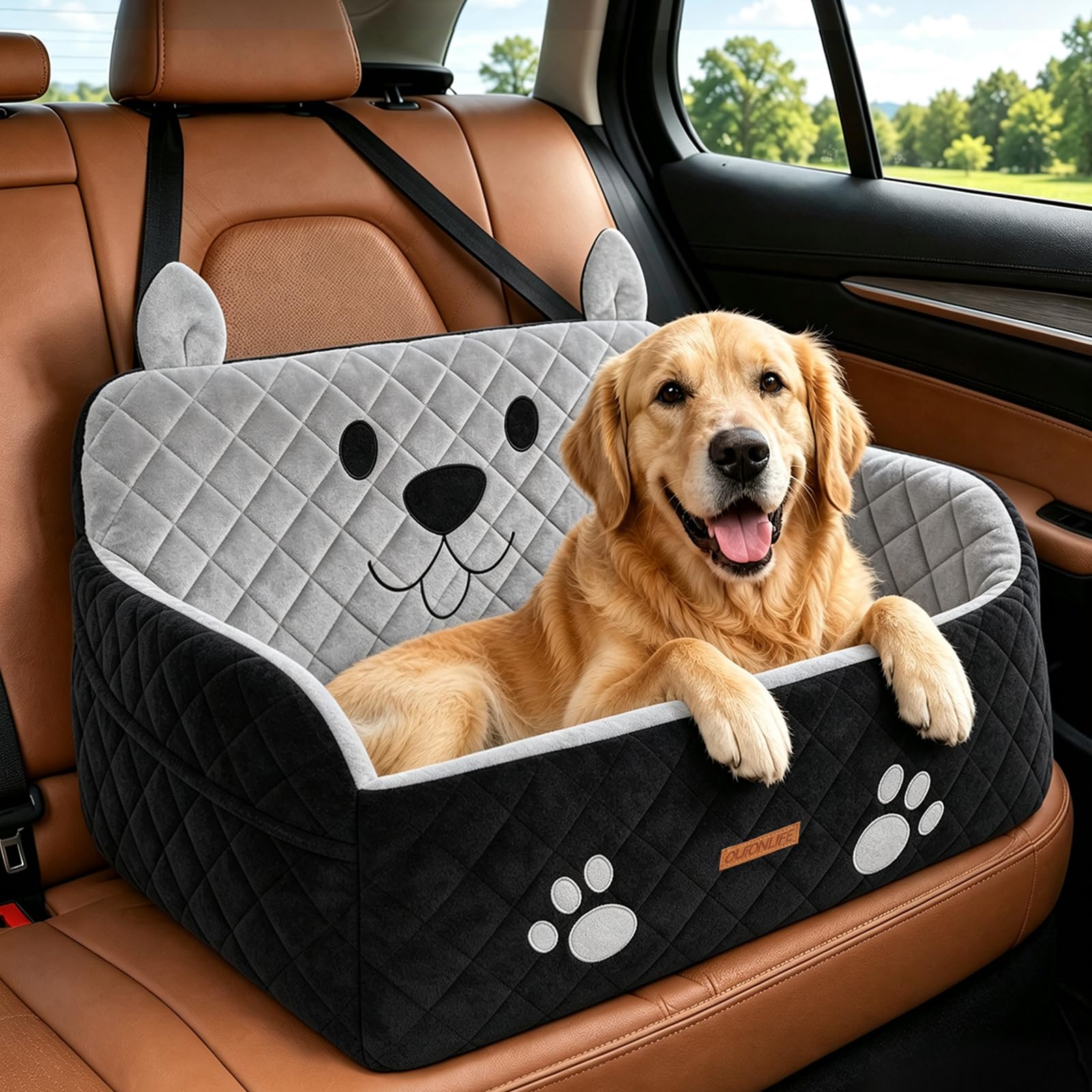 Siège Auto Grand Chien Jusqu’à 25 kg ou 2 Petits Chiens | Mousse Haute Densité, Peluche Ultra-Douce, Housse Amovible Lavable, 2 Sangles de Sécurité et Poches, pour Banquette Arrière