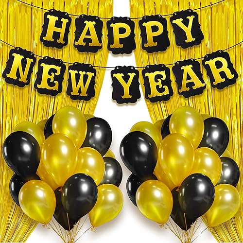 Decoraciones de banners para Año Nuevo, 20 unidades, oro y negro  suministros para fiestas de Año Nuevo  Cortina de tiras de papel dorado con globos