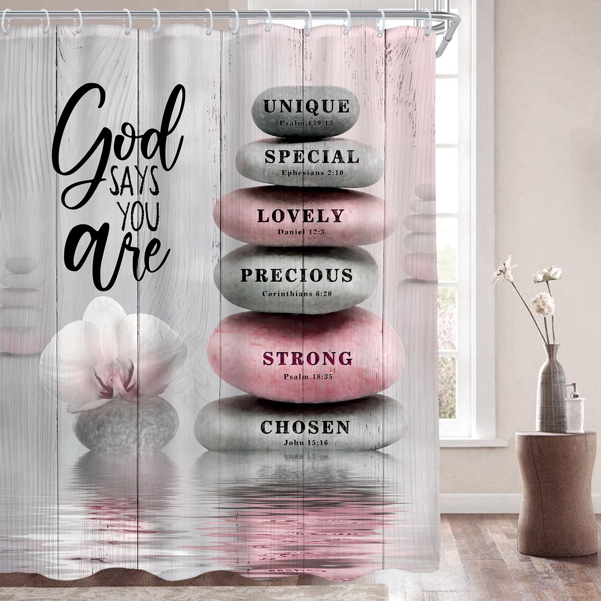 AMBZEK Pink Shower Curtain 60Wx72L Inch Bible Verse Scripture Christian Zen Stone Spa Meditation Relaxing Lotus Peach Blush Cloth Fabric Waterproof