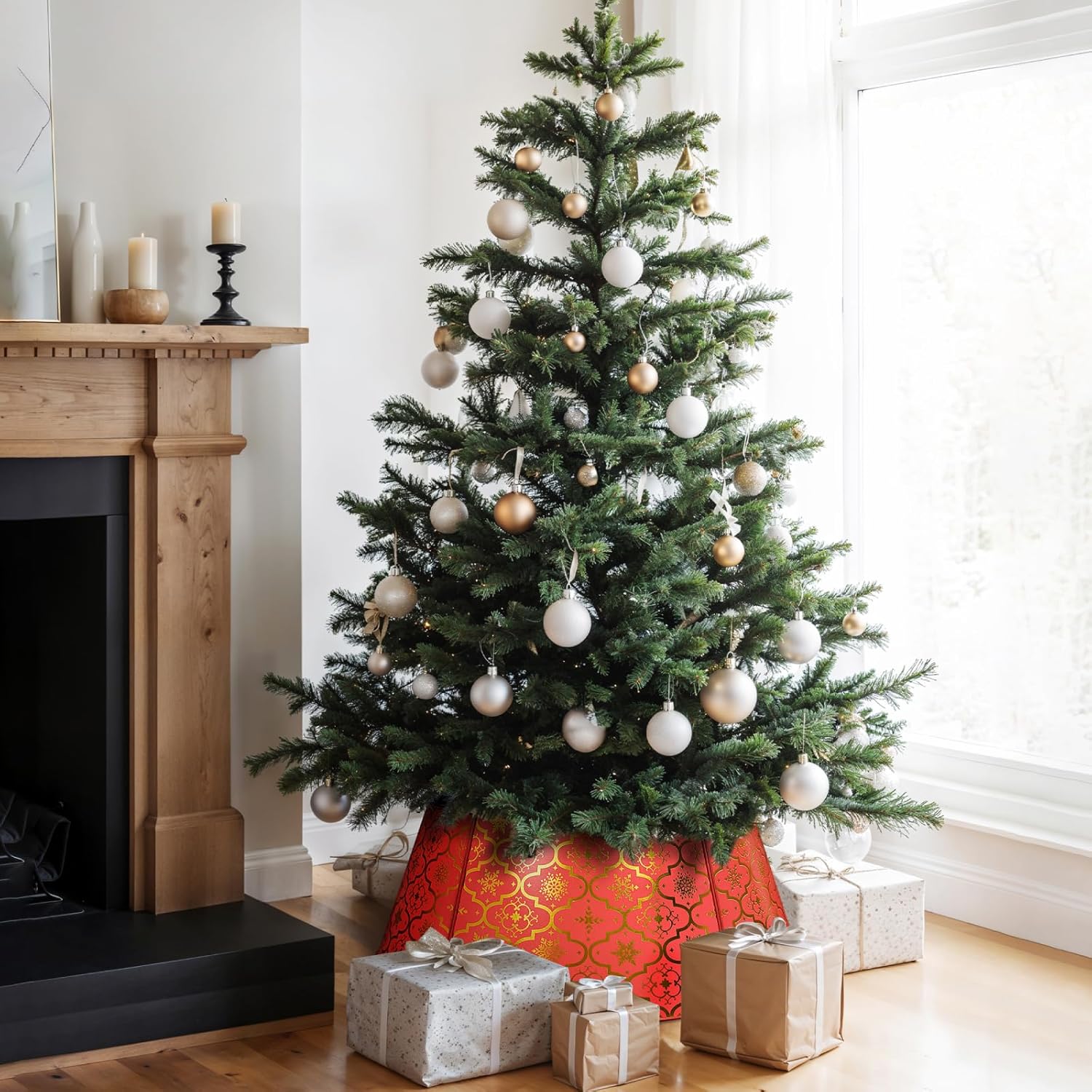 Putuo Decor 27in Red Christmas Tree Collars for 7.5 Ft Tree, Metal Christmas Tree Stand Cover for Artificial Trees, Adjustable Christmas Tree Base Cover, Christmas Tree Ring Collar for Pencil Tree