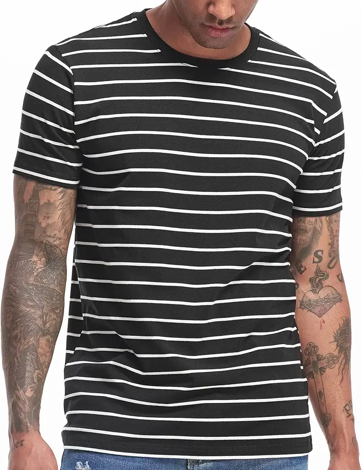 VEIISAR Men's Crewneck Striped T-Shirt Soft Elastic Cotton Tees