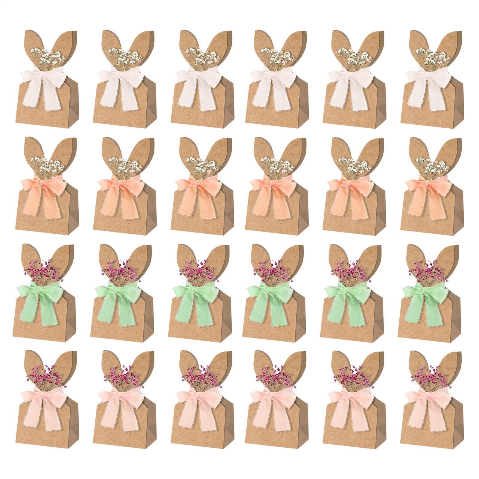 24 Set Easter Bunny Party Favor Bags, DIY Bunny Gift Boxes with Bow Ribbon & Dried Flower, Brown Paper Treat Bags for Birthday, Easter, Spring Holiday