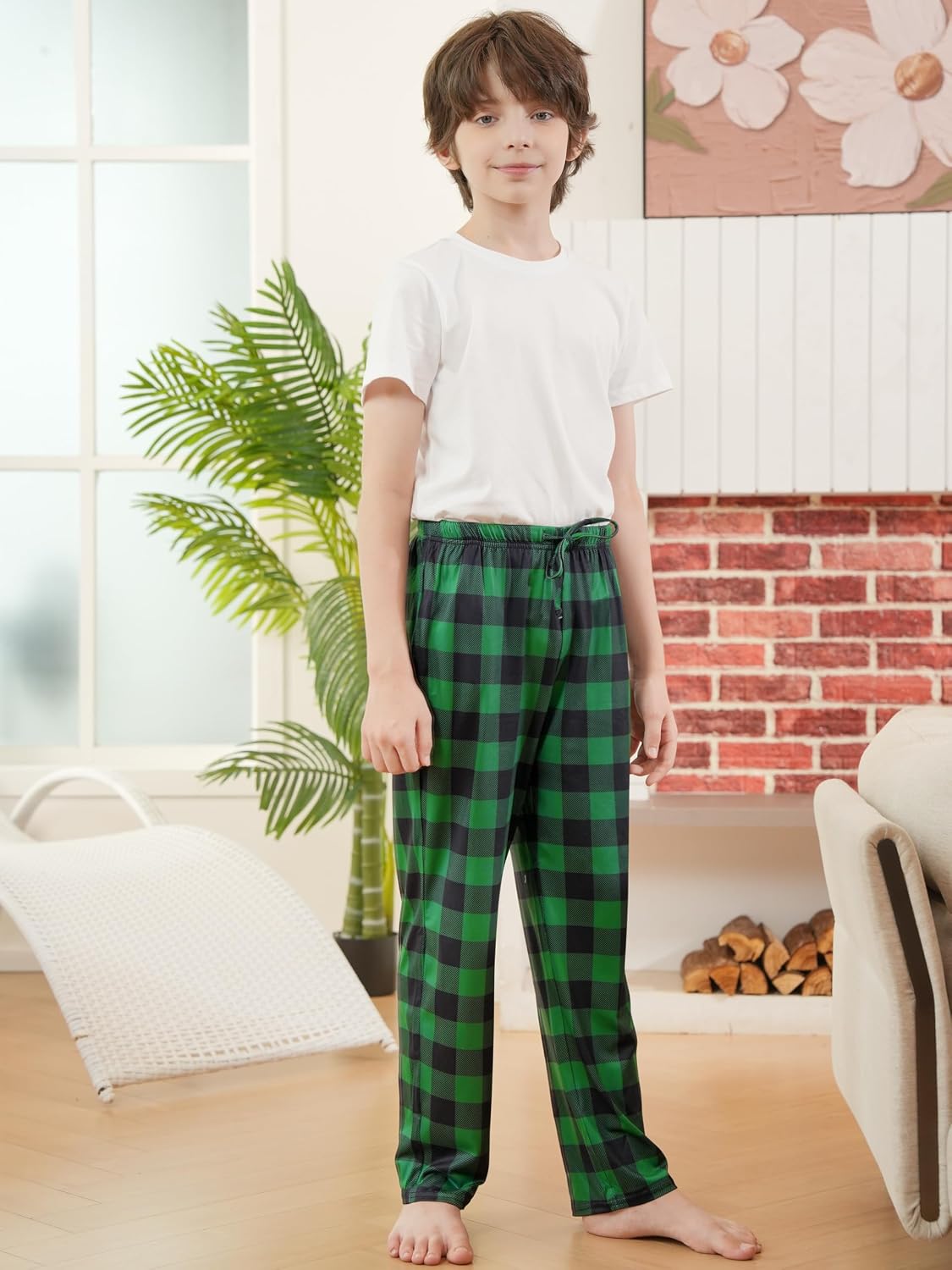Cooraby 4 Pack Boys Plaid Pants with Pockets Elastic Waist Drawstring Printed Plaid Pants Christmas for Boys Girls