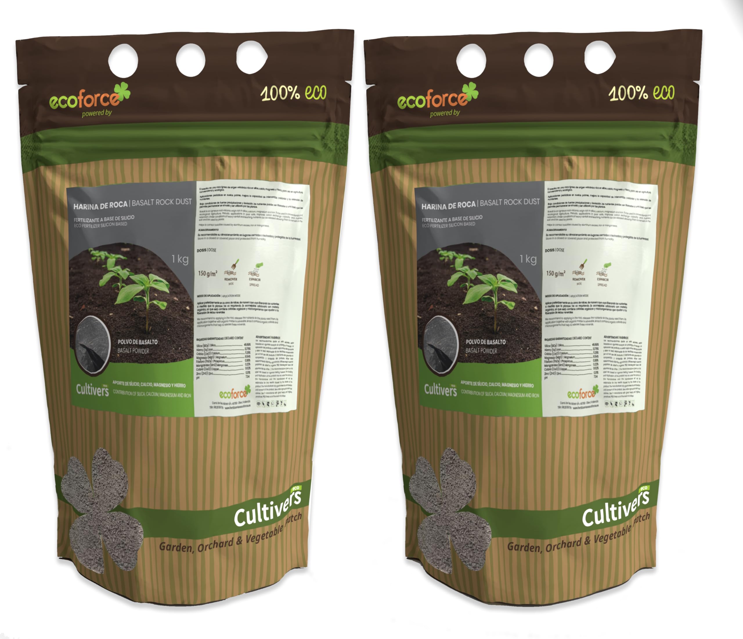 CULTIVERS Farine de roche de 2 x 1 kg Poudre de Basalte Engrais écologique à base de silicium qui apporte des micro-éléments pour tout type de plantes. Force Stone