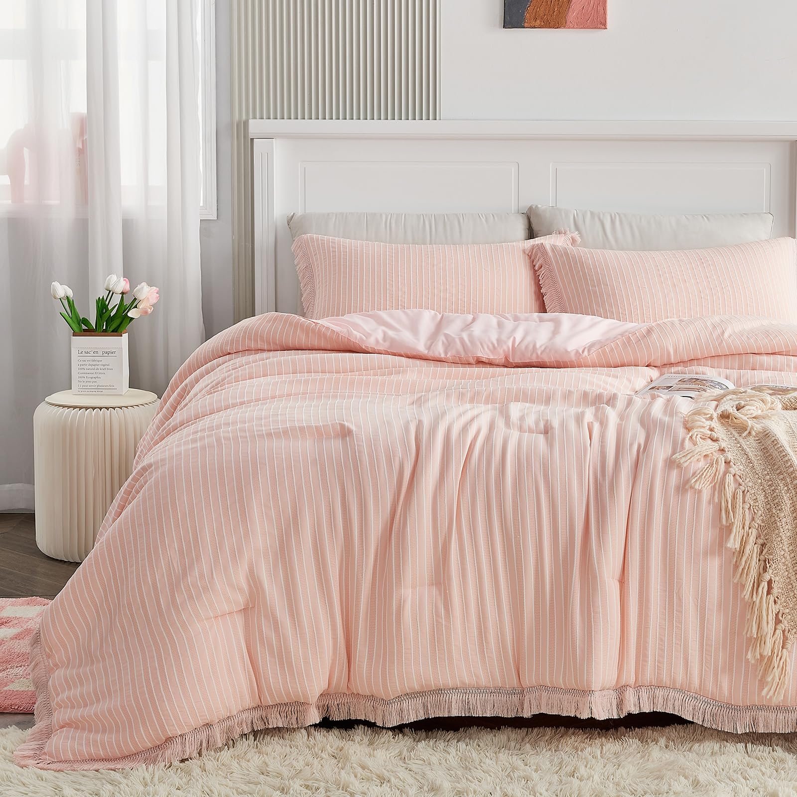 Twin Comforter Set for Girls,2 Pieces Light Pink Bedding Set with Tassel Fringes & Jacquard Stripes Blush Pink Comforter Set Twin XL Size with Pillowcase for Kids, Teenagers, College Girls