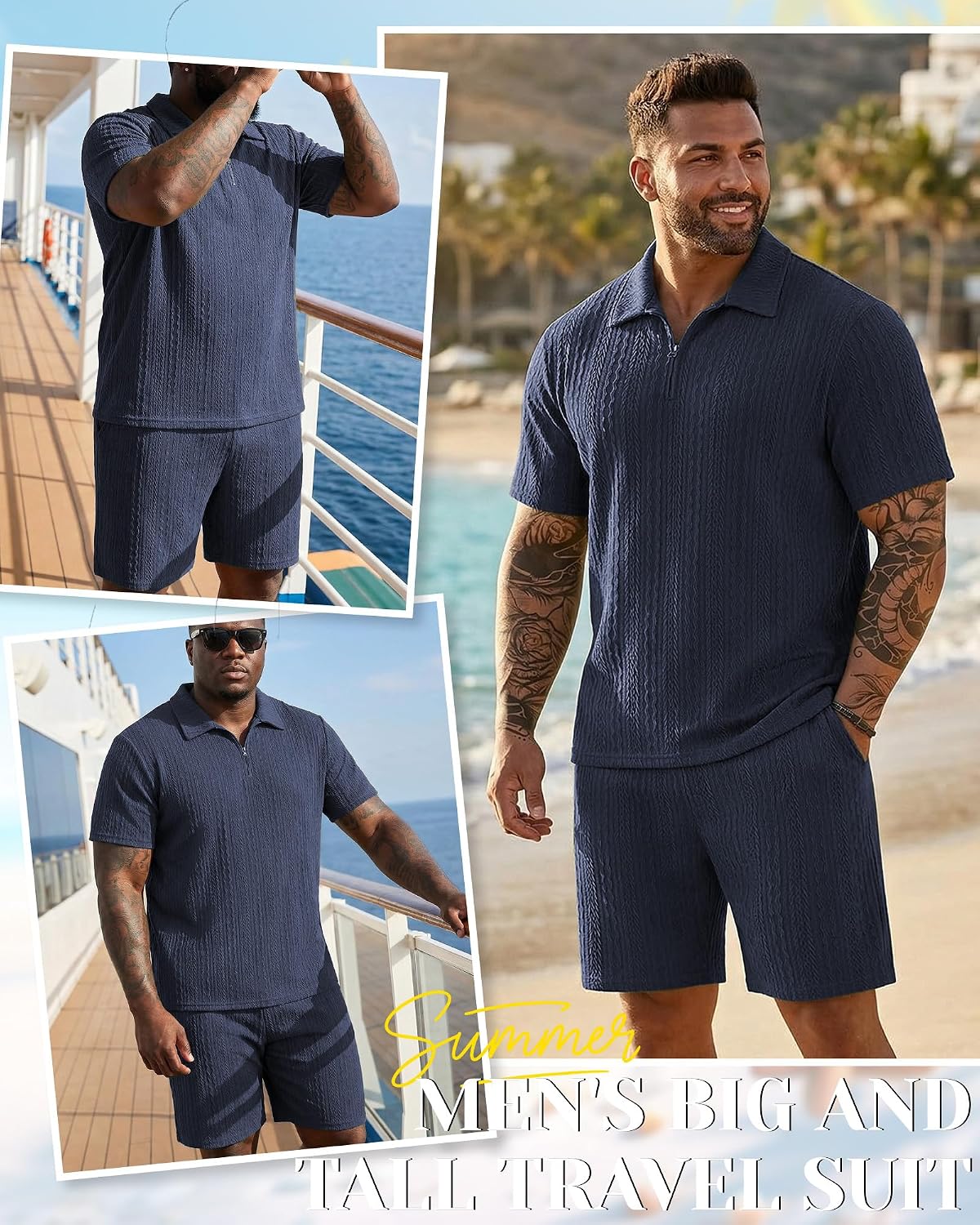 Cutecrop Big and Tall Men 2 Piece Outfit Casual Quarter Zip Summer Matching Set Sweatsuit Shorts Vacation Lounge Wear 4XL-6XL