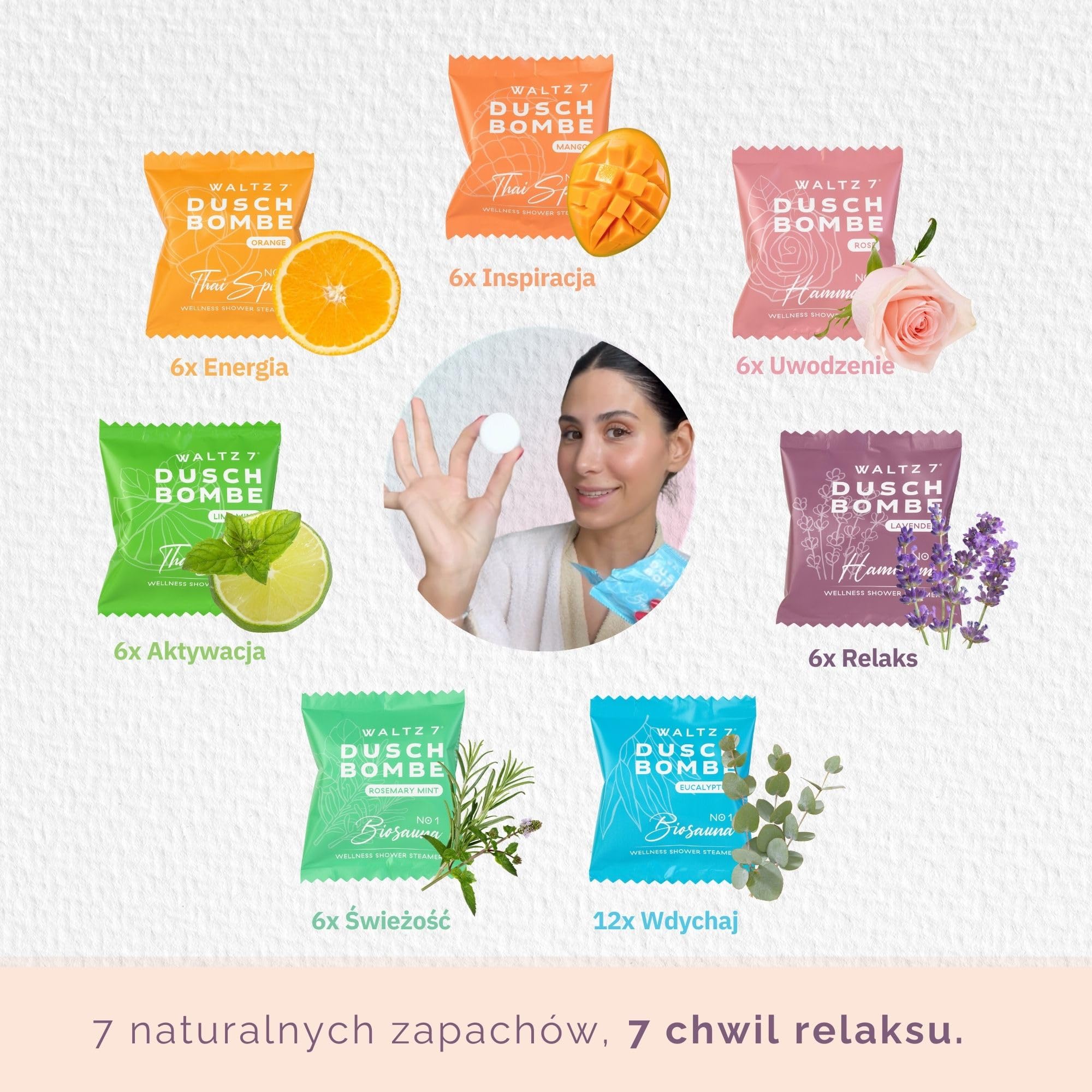 WALTZ 7 Oryginalny zestaw kul prysznicowych, 48 sztuk z 7 zapachami, Aromaterapia z naturalnymi olejkami eterycznymi, Prezent-podziękwoanie dla kobiet, Mamy, Prezent urodzinowy dla mężczyzny
