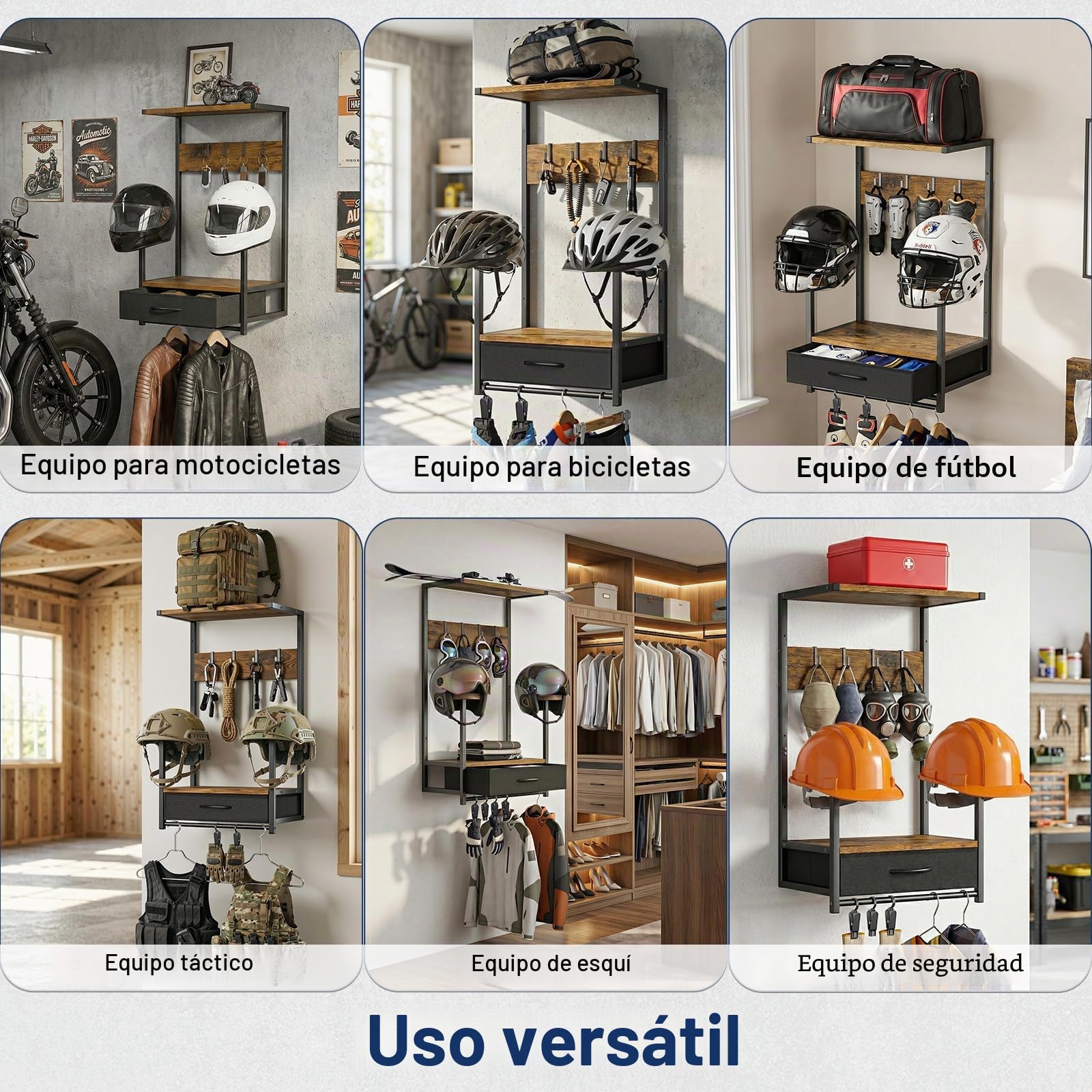 Housolution Soporte de Pared para Casco de Moto con Cajón de Tela | Portacasco con 4 Espacios para Guantes y 4 Ganchos para Trajes & Accesorios – Stand para Motos, Baseballs y Cascos de Rugby
