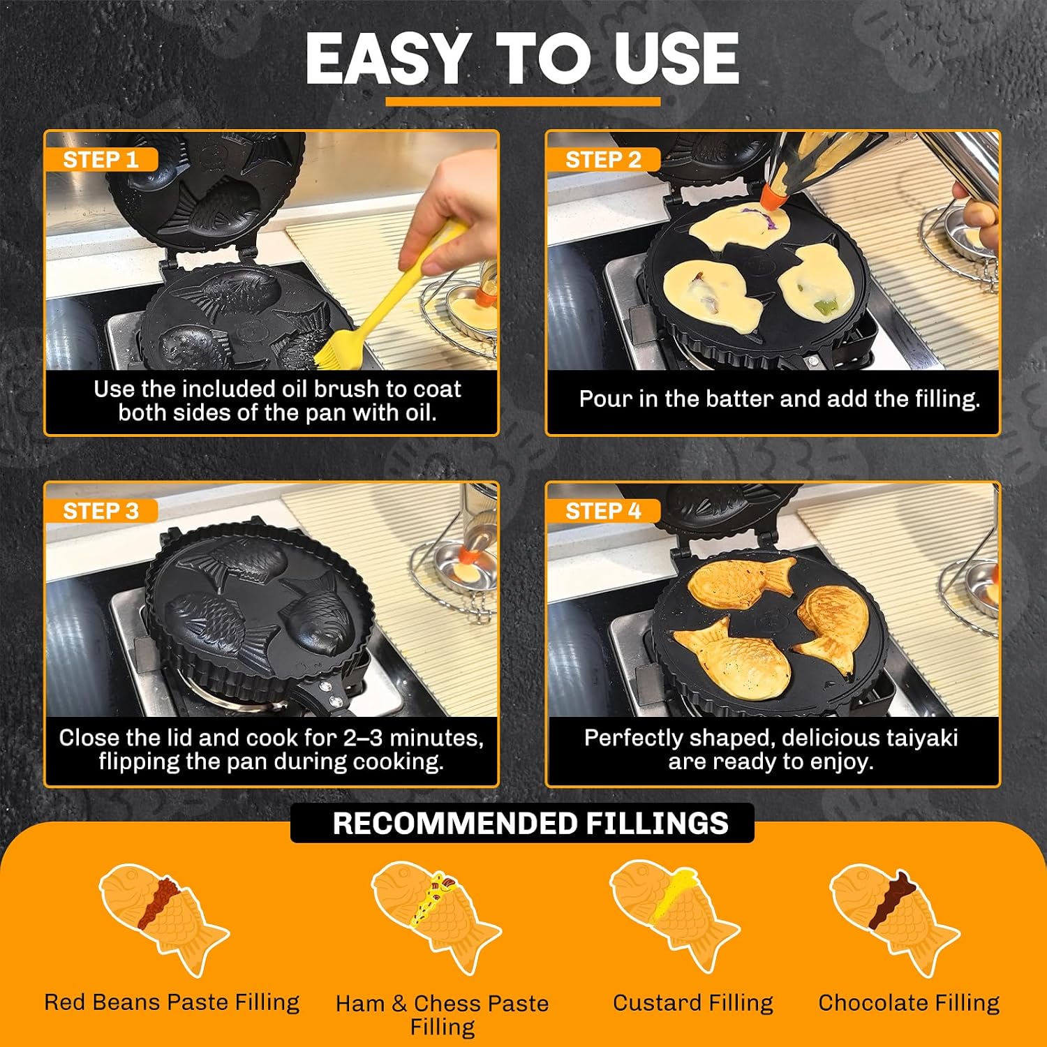 NATGAI Taiyaki Fish Shape Cake Pan, 3-Cavity Non-Stick Fish Waffle Iron