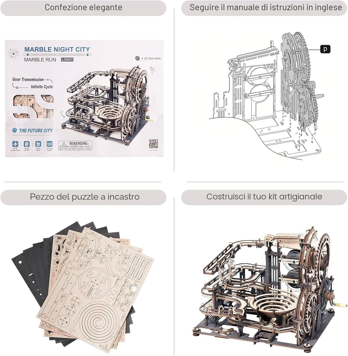 ROBOTIME Puzzle 3D in Legno, Pista per Biglie Kit di Costruzioni Modello Meccanico, Fai-da-Te Giocattoli Educativi, Ottima Idea Regalo Night City