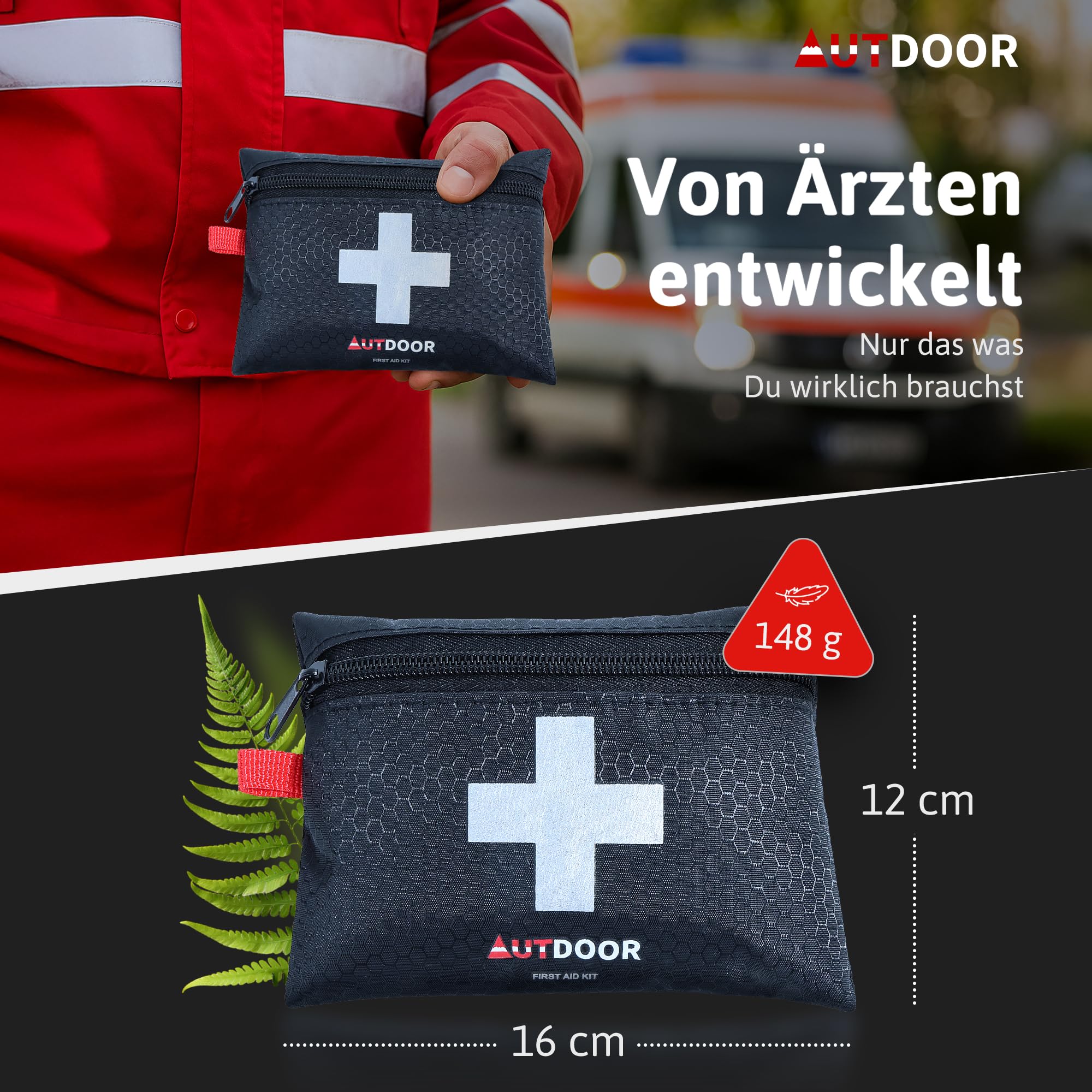 AUTDOOR® Erste Hilfe Set Lite – ultraleicht & kompakt – entwickelt von Ärzten – Robuste Reiseapotheke für Wandern, Klettern & Wassersport – Notfalltasche mit Essentials