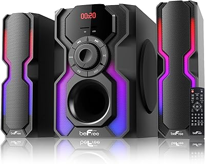 beFree Sound 2.1 Channel Bluetooth Multimedia Wired Speaker Shelf Stereo System with Reactive LED Lights, FM Radio, USB, and SD Inputs, Black (BFS-Shelf Speaker)