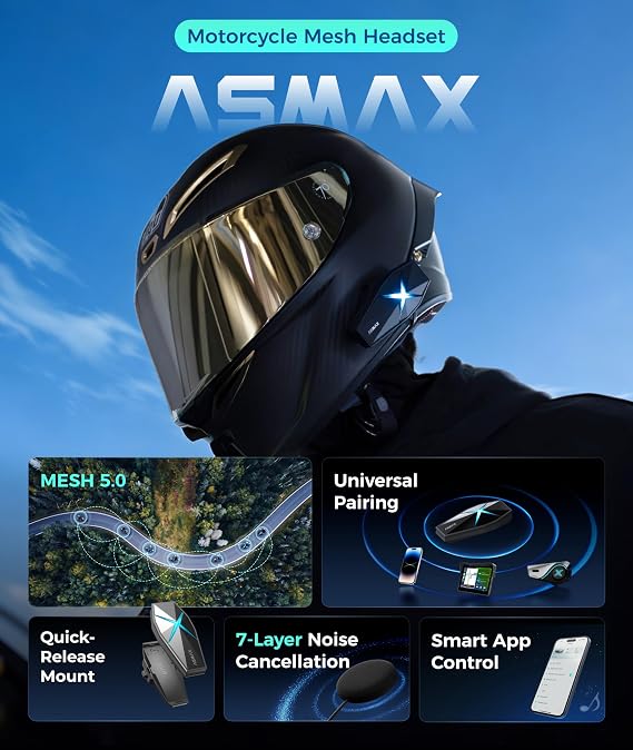 ASMX F1s Motorcycle Bluetooth Headset with Smart Voice Control, 10 Riders Mesh Helmet Communication Systems, ENC/APP FOTA/Audio Multitasking/No-Magnet Mount, 5mi Intercom for Snowmobile/ATV, 2 Pack