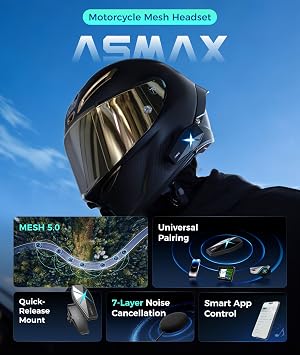 ASMX F1s Motorcycle Bluetooth Headset with Smart Voice Control, 10 Riders Mesh Helmet Communication Systems, ENC/APP FOTA/Audio Multitasking/No-Magnet Mount, 5mi Intercom for Snowmobile/ATV, 2 Pack