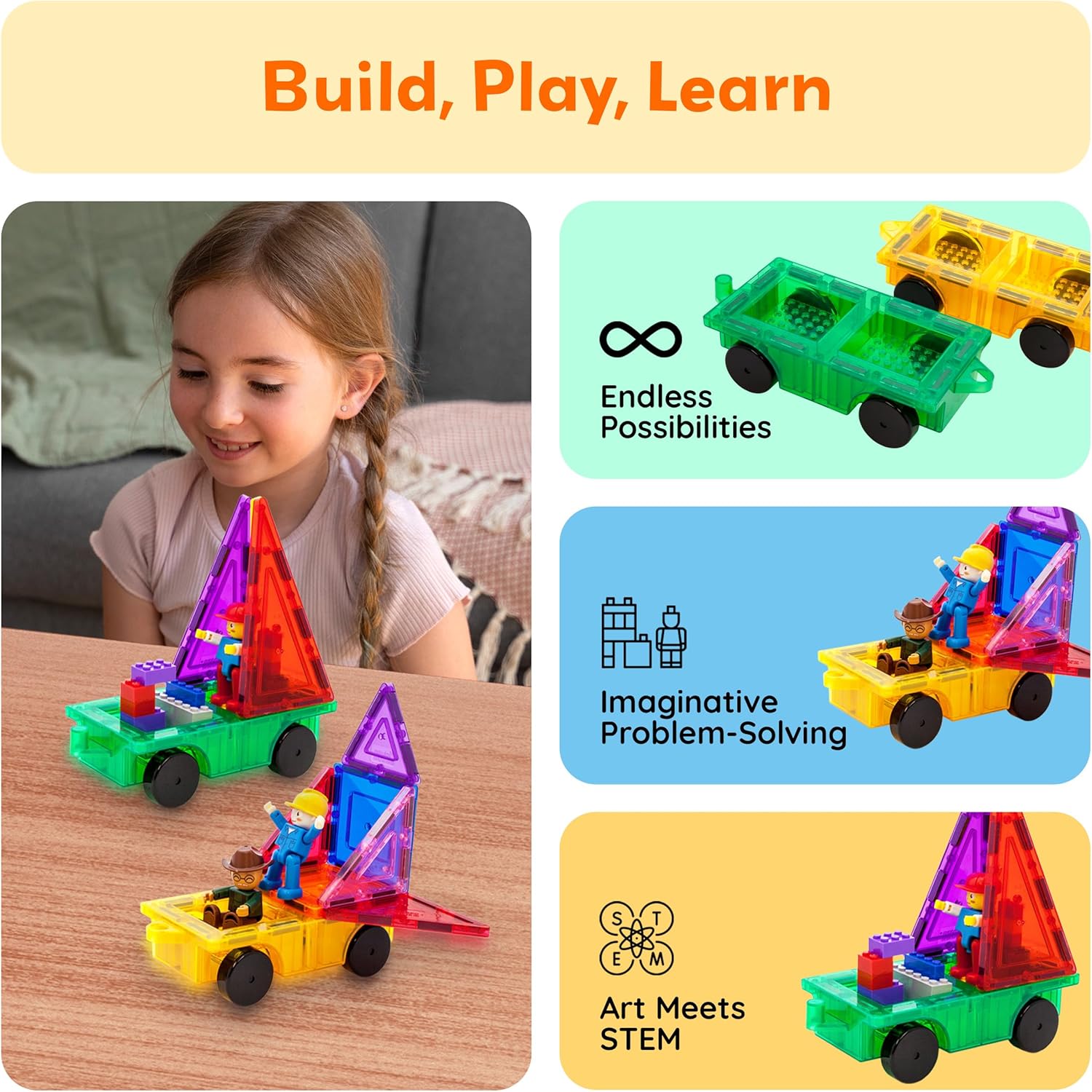 PicassoTiles 2pcs Magnetic Tiles Expansion Car Truck Building Blocks Compatible with regular bricks, Kids Magnet Bricks STEM Learning Toys, Add-ons Toddler Preschool 3 Years and up Boys and Girls PT21