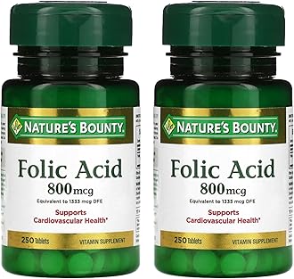 Nature's Bounty Folic Acid 800 mcg Vitamin Supplement Maximum Strength - 250 Tablets, Pack of 2