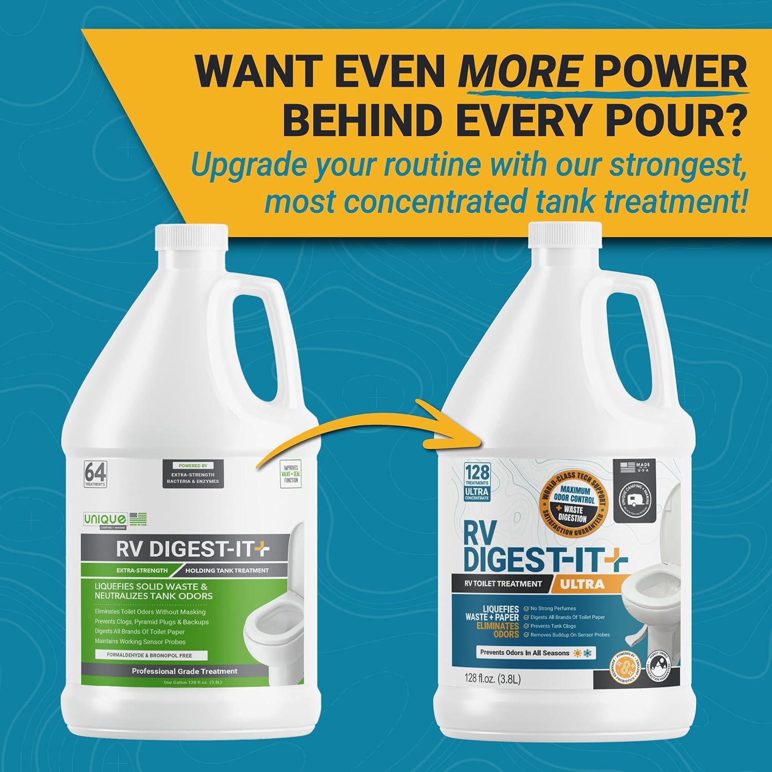 Unique RV Digest-It+, Extra-Strength RV Toilet Treatment - Liquifies Waste and Toilet Paper - Odor Eliminator (128 oz)