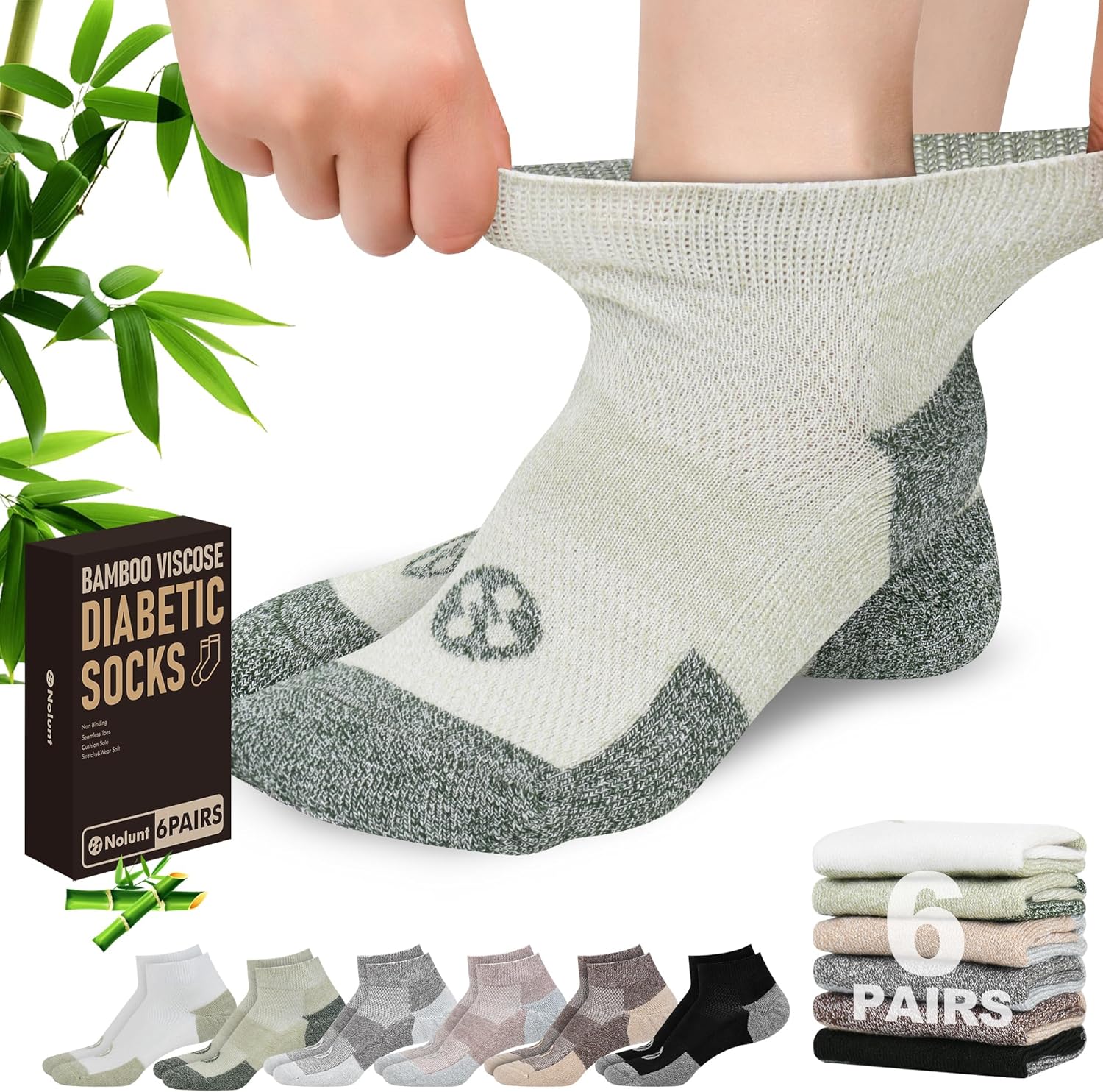 Diabetic Socks for Men,6 Pairs Low Cut Diabetic Neuropathy Socks for Men 9-11/10-13(Dark Grey+Coffee+White+Black+Yellowish Green+Tan-Large)