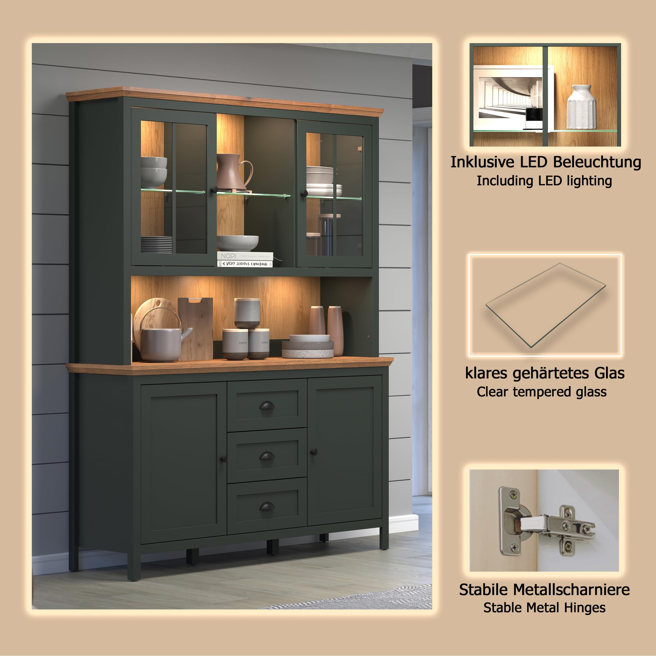 trendteam smart living - Stanton - Buffetschrank - Tannengrün/Evoke Eiche - Vitrine inklusive Beleuchtung mit 4 Türen, 3 Schubladen (BxHxT) 146 x 198 x 45 cm - Landhausstil
