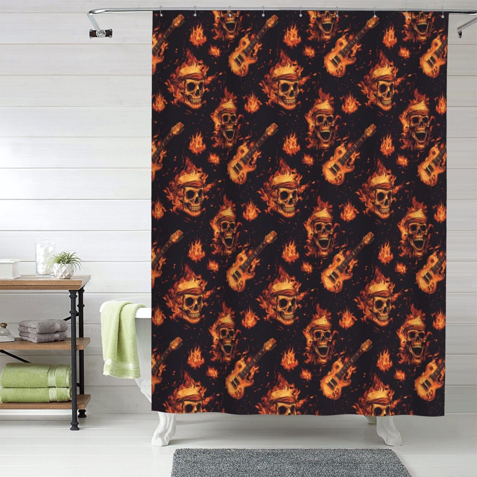 Rideau de douche en tissu motif tête de mort de feu rouge 152x183 cm opaque avec crochets