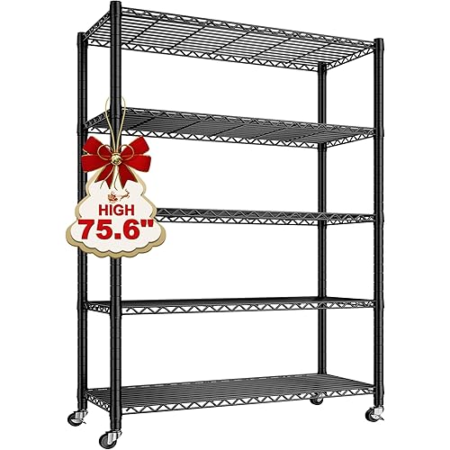 REIBII Storage Shelves with Wheels Wide Wire Shelving Unit with Wheels 75.6" H Tall Metal Shelves for Storage Sturdy Heavy Duty Shelving Deep Pantry Shelves 5 Tier Storage Rack, Keep Organized