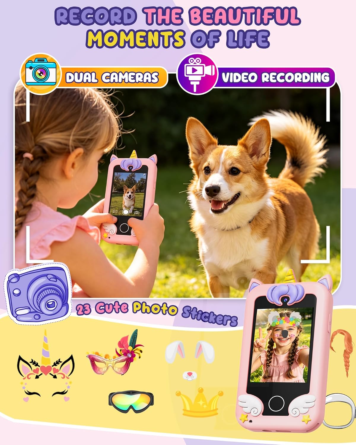 UCIDCI Unicorn Kids Smart Phone Toys for Girls Ages 3-7 with Dual Camera - Toddler Phone with Learning Games, Travel Toys with MP3 Music Player for Christmas, Birthday Gifts for 3 4 5 6 7 Year Old