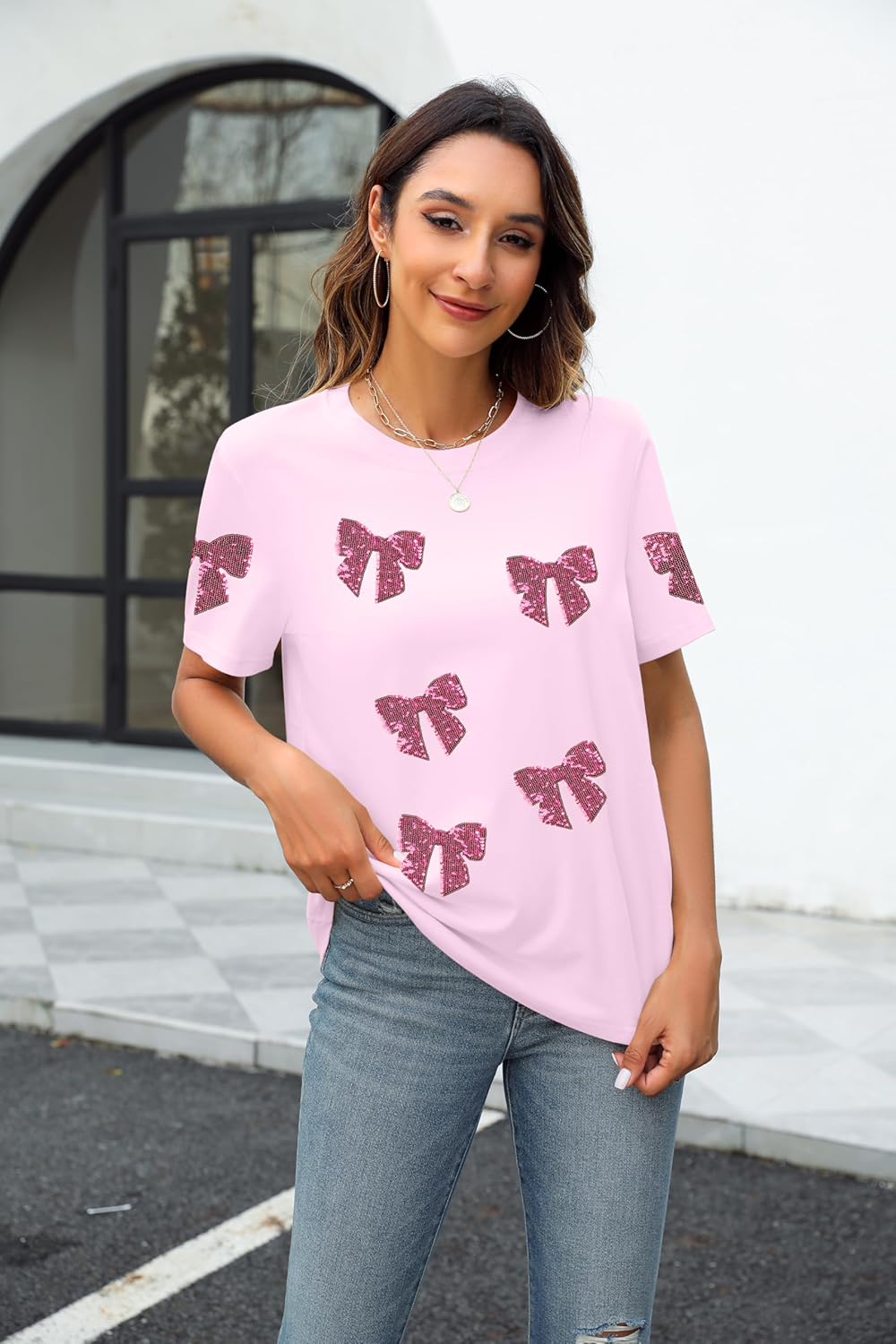Womens Bow Shirt Coquette Aesthetic Shirts Cute Sequin Graphic Tees Trendy Pink Bow Ribbon Short Sleeve Tee Tops - Image 4