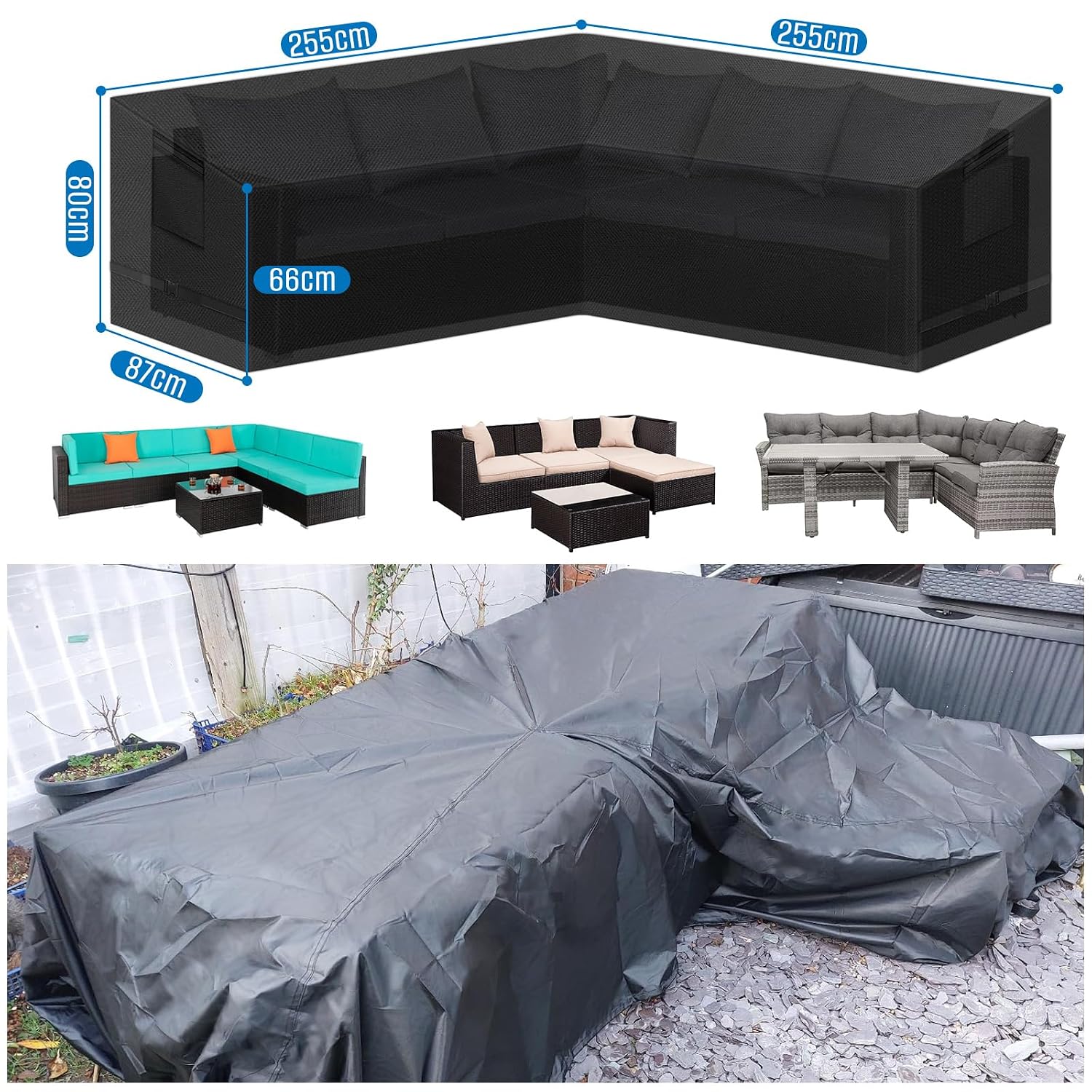 SIRUITON 255x255x87cm V-Shape Rattan Sofa Cover, Waterproof & Tear-Resistant 420D Oxford Fabric, Durable Outdoor L-Shaped Sofa Cover with Waterproof Tape,Garden Furniture Covers - Image 2