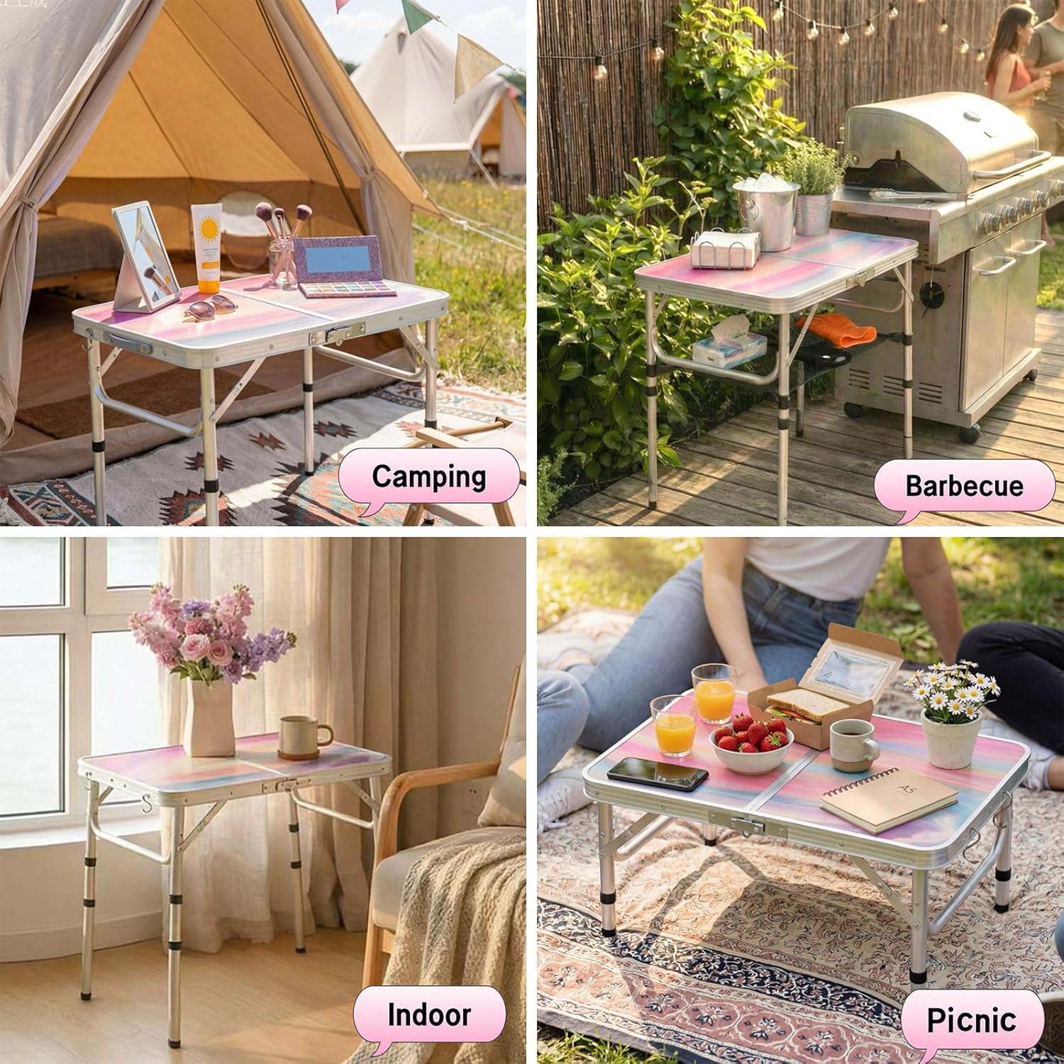 Folding Camping Table 2ft Portable Pinic Table Adjustable Height Small Card Table Aluminum Foldable Lightweight with Carry Handle for Outdoor Indoor Hiking Camp BBQ Beach (Blush Haze)