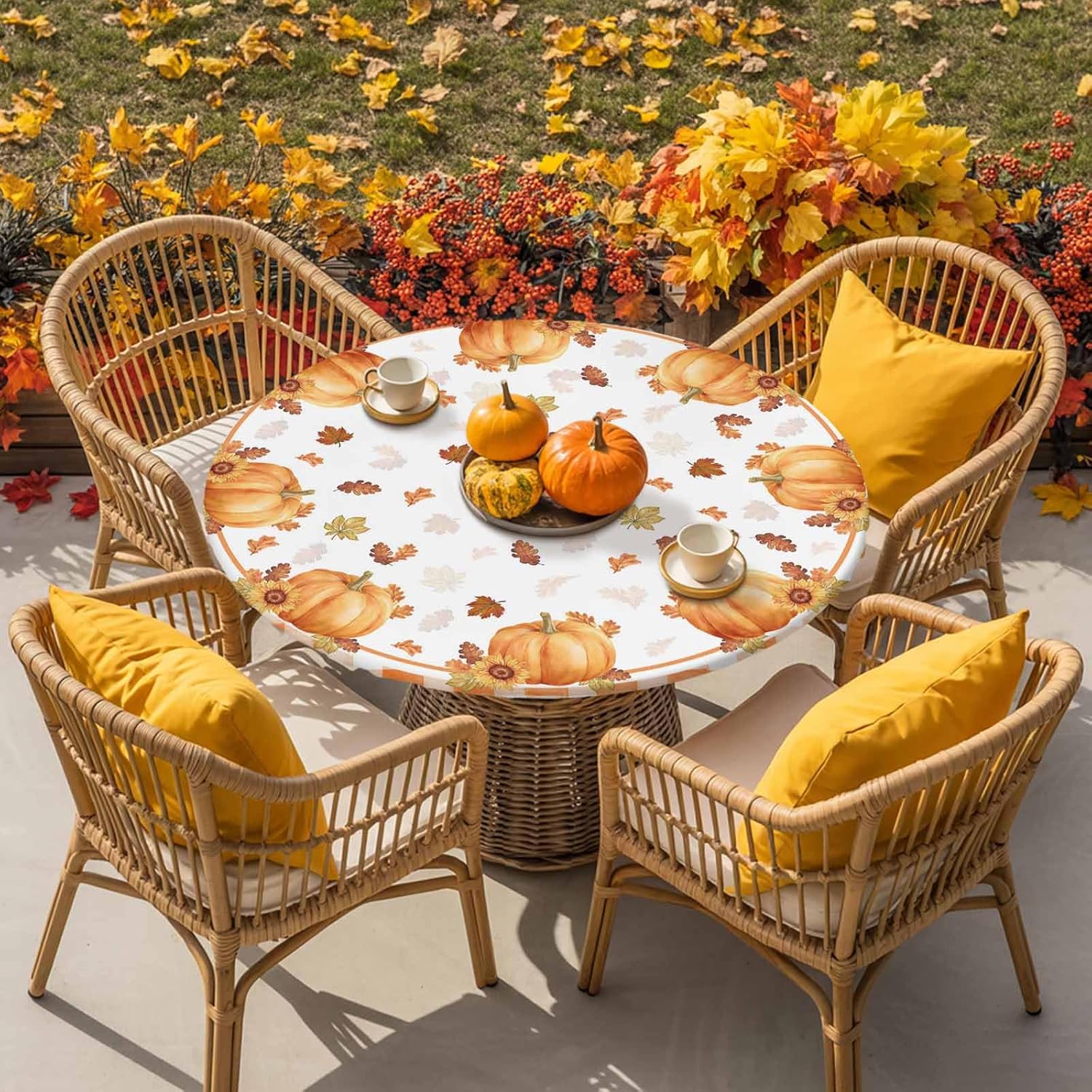Fall Thanksgiving Pumpkin Kitchen Table Cover,Orange Buffalo Plaid Fitted Tablecloth for Round Table Waterproof Table Cloth with Elastic Edge,Maple Leaves White Circle Autumn Table Covers 55-60in