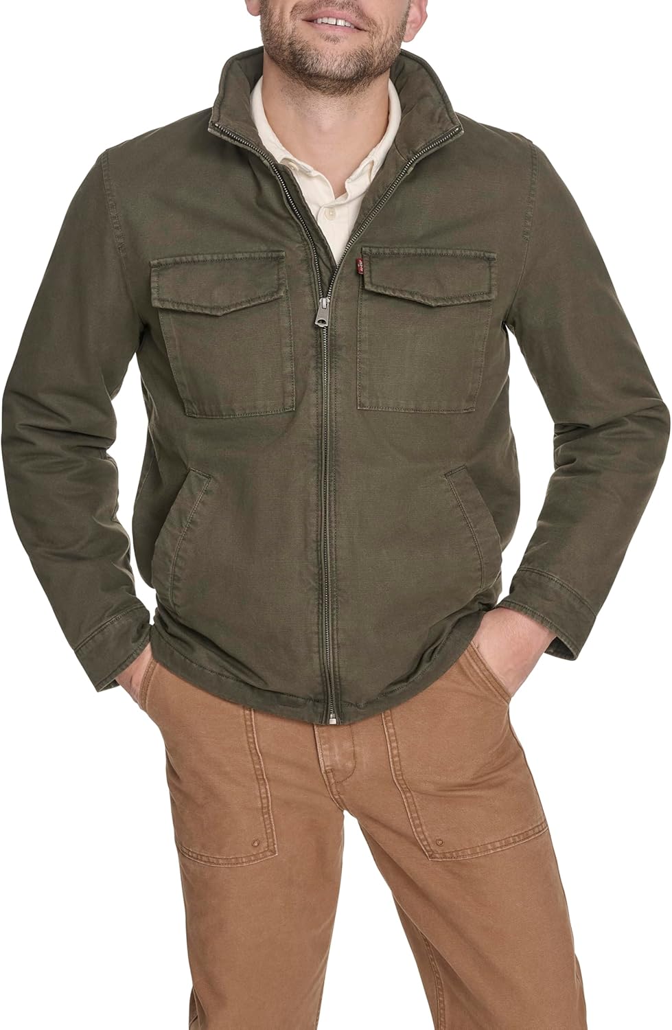 Levi's mens Stand Collar Cotton Military Jacket With Hidden Hood