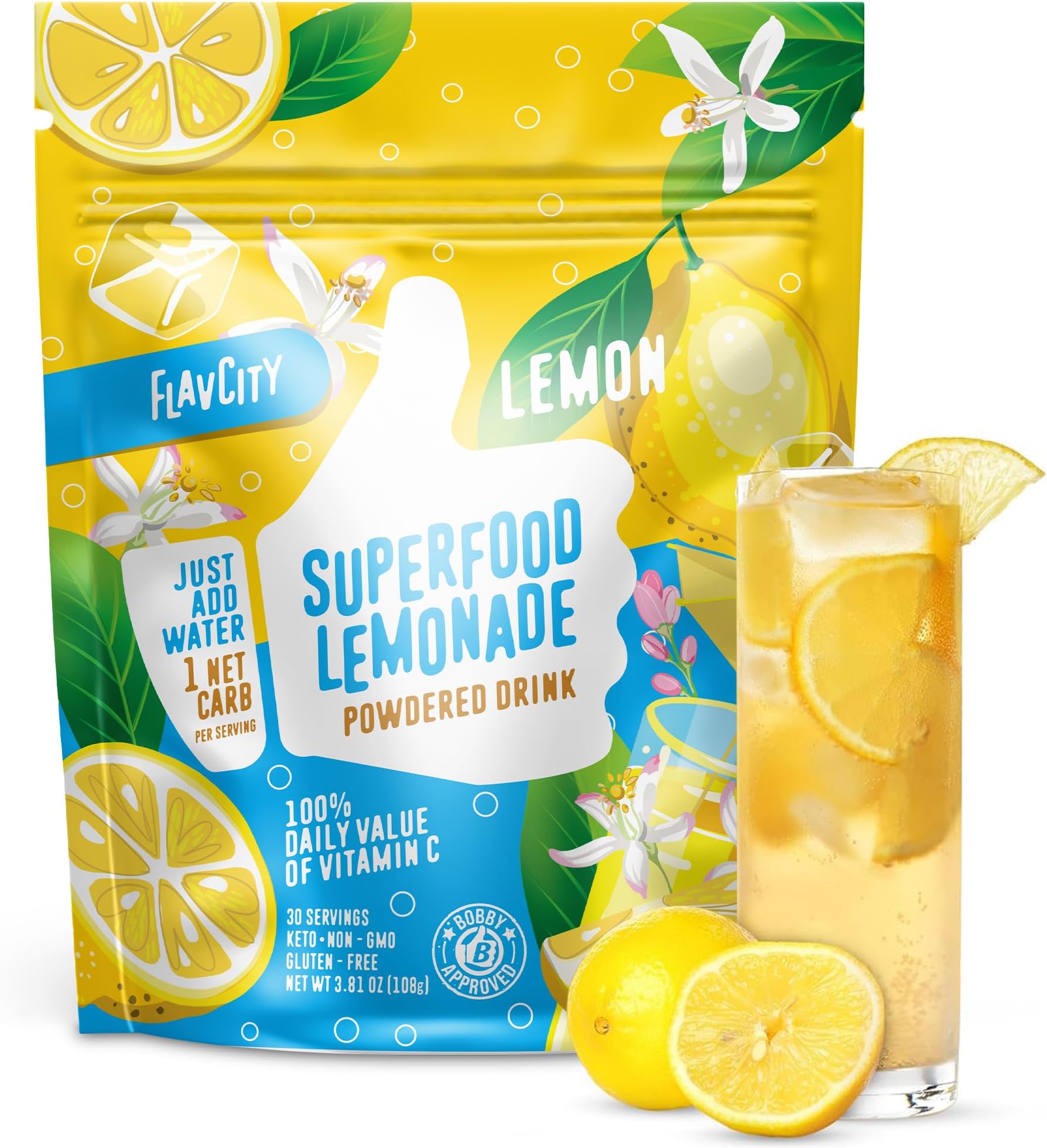 Superfood Lemonade Drink Mix - Sugar-Free Lemonade Powder with Real Crystallized Lemon & Organic Acerola - 100% DV Vitamin C - Keto, Gluten-Free, Non-GMO (30 Servings)