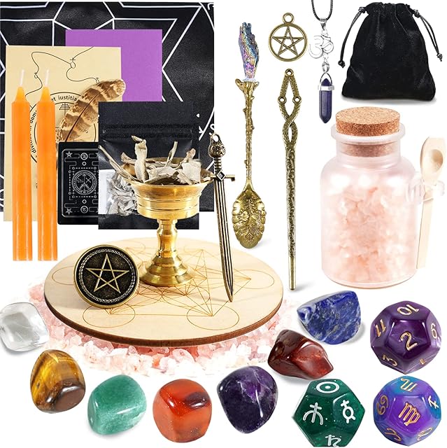 Soulnioi Witchcraft Supplies Set, Crystals Healing Stones Set with 7 Chakra Stones, Sage, Scepter, Star Coin, Sword, Grail, for Meditation Spiritual Healing, Witchcraft Starter Kit Beginners (Salt)