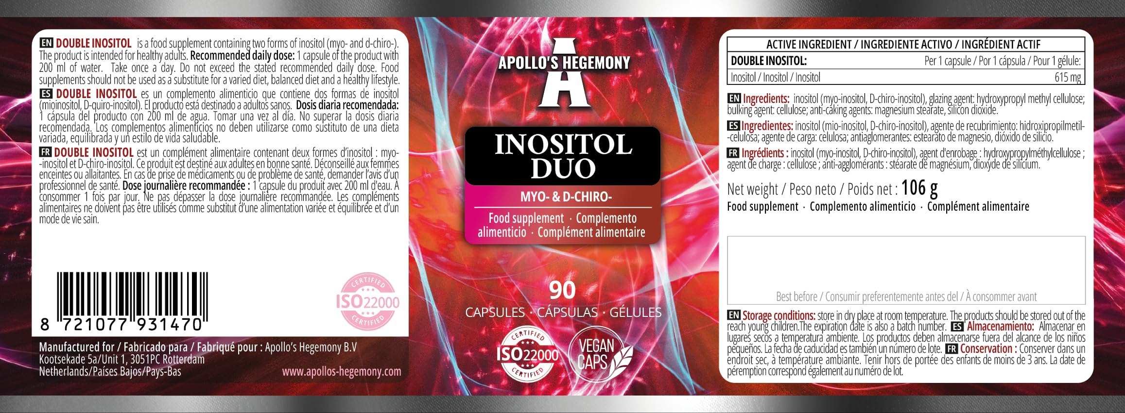 Inositolo Duo 120 Capsule Vegane - Myo-Inositolo + D-chiro-inositolo - 615 mg per Capsula - Fornitura per 4 mesi - Integratore di Vitamina B8 - da Apollo's Hegemony