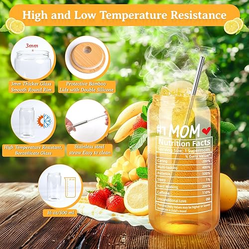 Miniatura 9 de Tazas de vidrio para café helado de flores silvestres florales con tapas y pajitas de bambú de 16 onzas, vasos de cerveza reutilizables florales con