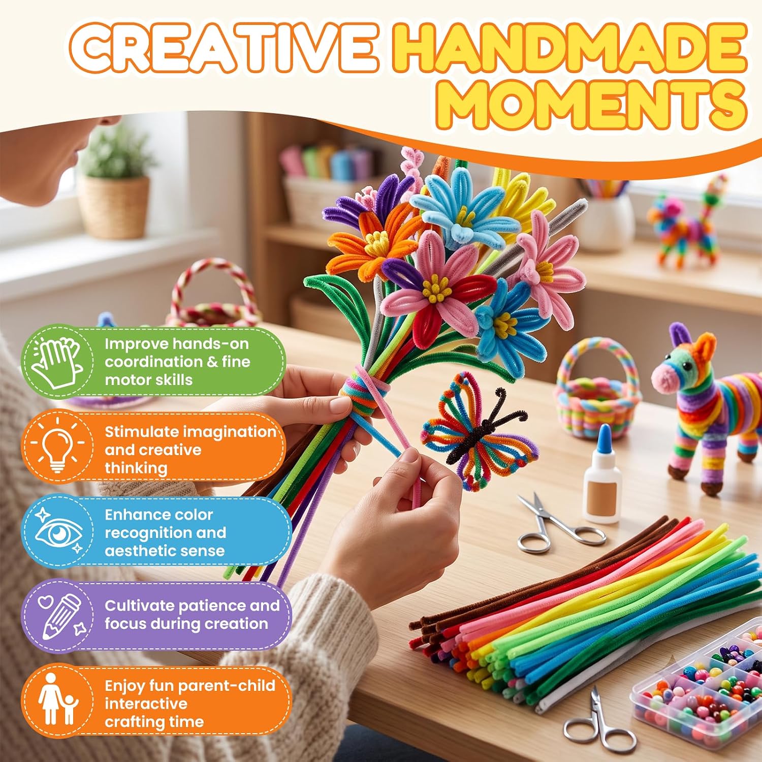 Pipe Cleaners Bulk - 500 Pcs 20 Colors Chenille Stems, 7mm Thick Craft Pipe Cleaners for DIY Art Projects, Classroom Supplies & Holiday Decor, Limpia Pipas Manualidades, 12 Inch Rainbow Twists