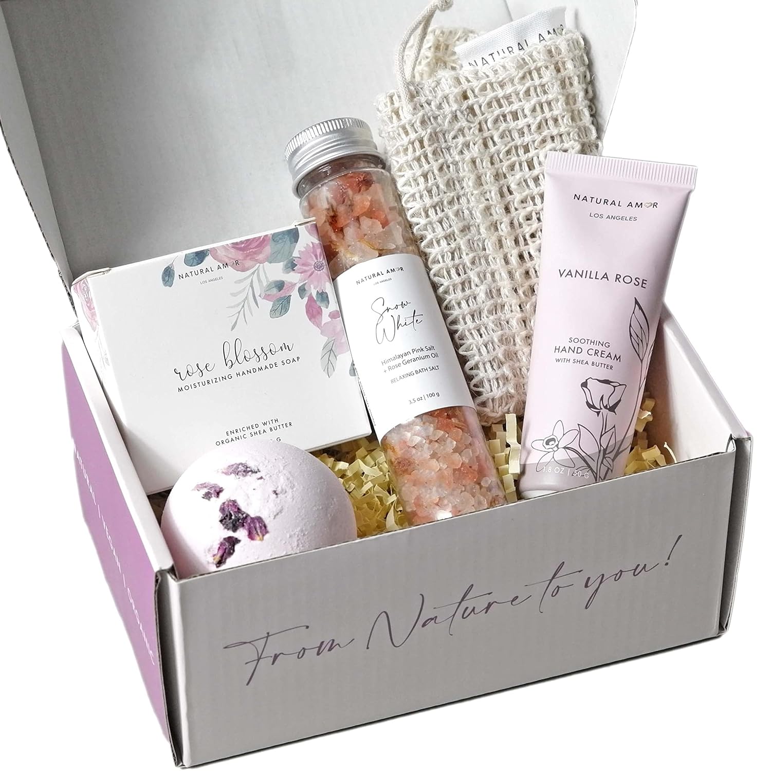 NATURAL AMOR LOS ANGELES Kit De Spa Para Banho Com Rosas Para Mulheres, Presente Artesanal De Spa Para Ela, Conjunto De 5pç Para Banho E Corpo Incluindo Sabonete Em Barra, Creme…