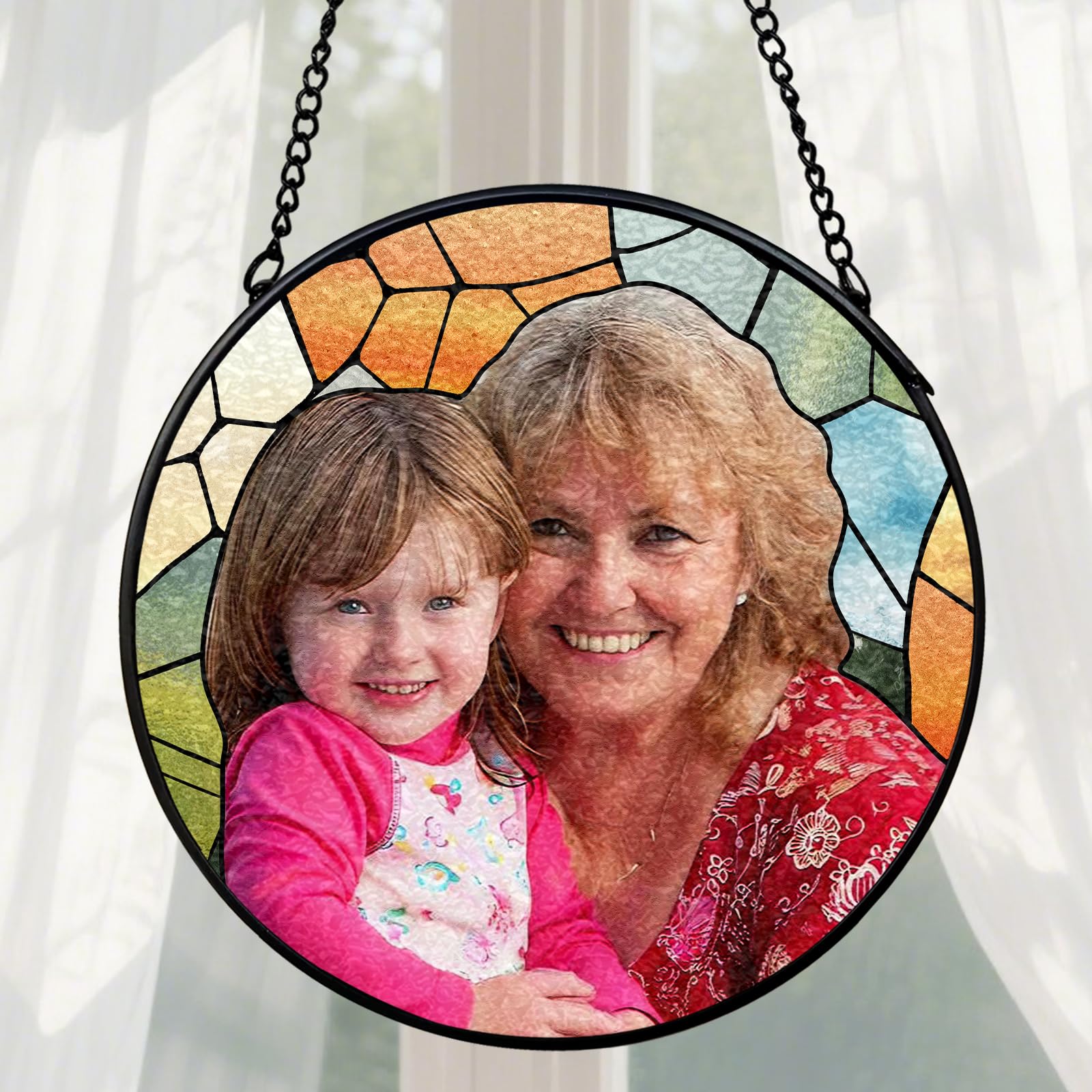 Personalized Suncatcher with Photo Custom Stained Glass Portrait Faux for Window Hanging Ornament Home Garden Decor Mom Dad Grandma Grandpa Gift