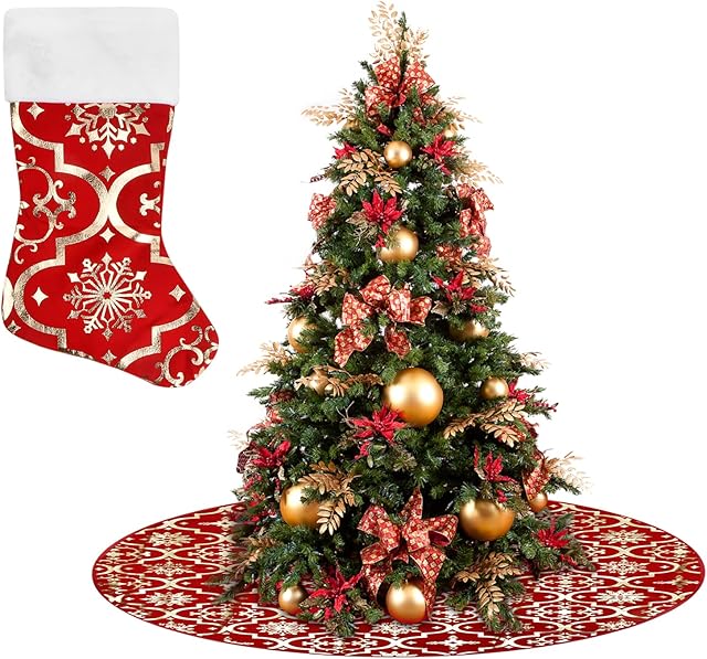 Cozlly Christmas Tree Skirt, 50inch Large Xmas Tree Skirts Luxury Snowflake Printed Christmas Tree Base Cover Mat with Decorative Sock for New Year Party Decorations Ornaments, Red & Grey (Red)