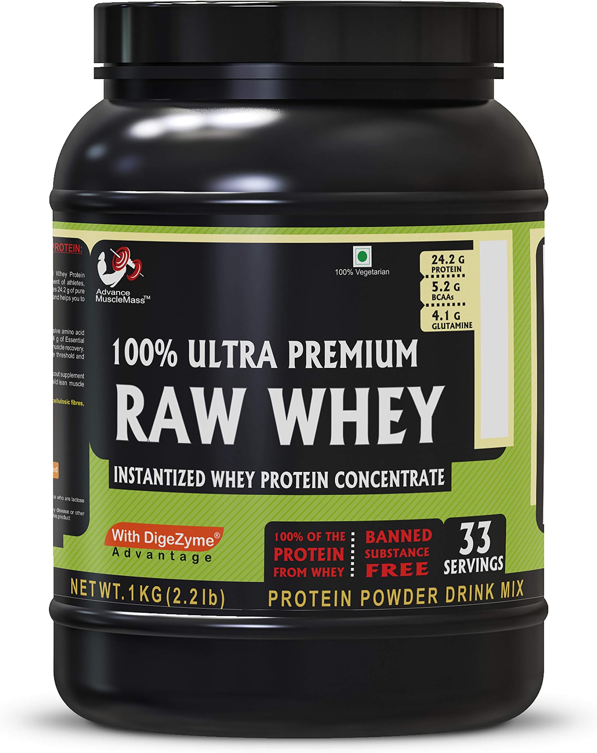 Advance MuscleMass Raw Whey Protein Concentrate with Enzyme blend | 24.2 g protein | Lab tested | Raw Whey from USA | Unflavoured | 1 Kg (2.2 lb)
