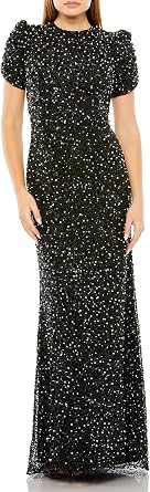 Mac Duggal Beaded Mesh High Neck Puff Sleeve Gown