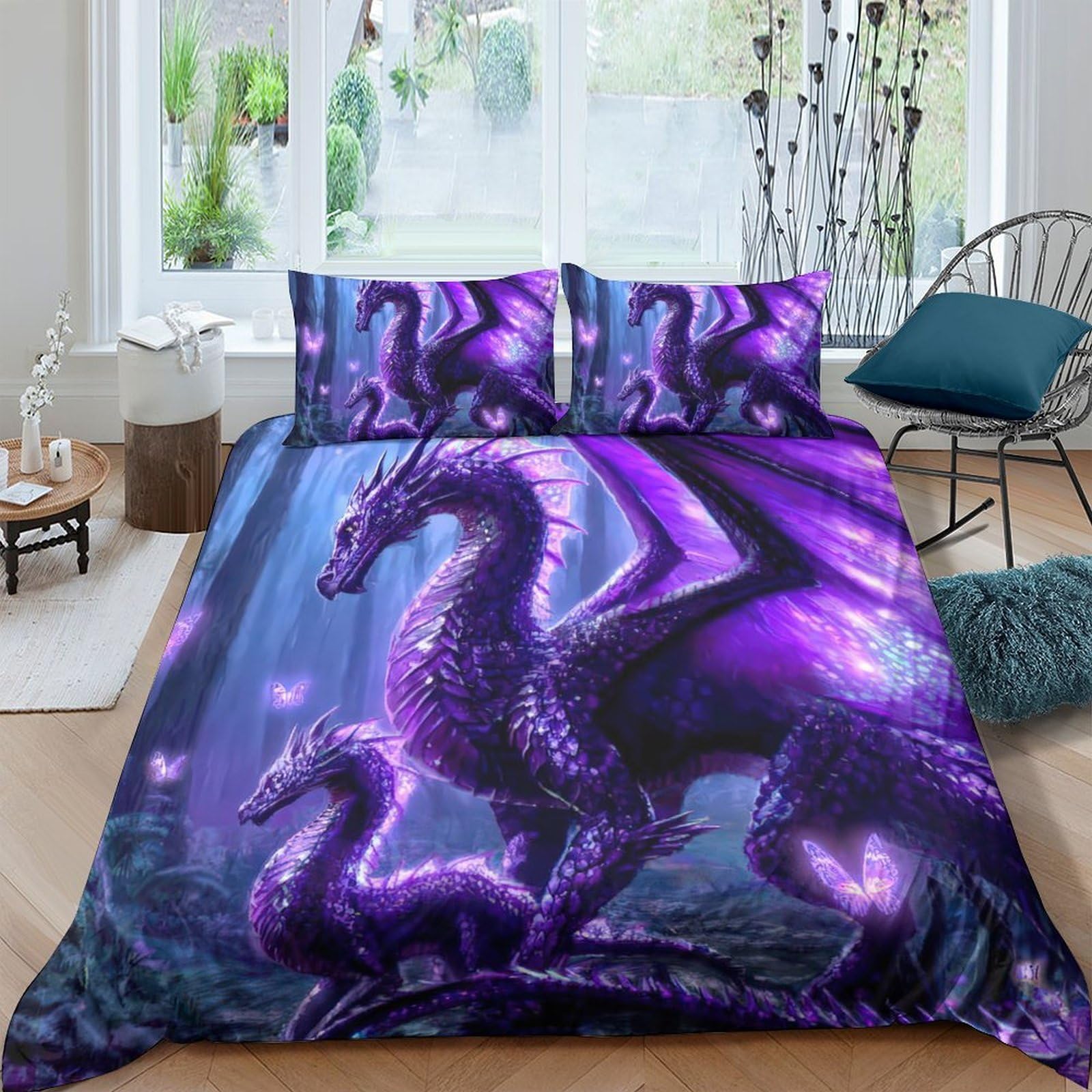 GPLZQXKJNH 3D Printed Purple Dragon Duvet Cover Microfiber Soft Breathable Fantasy Creature Bedding Set with 2 Pillowcases for Bedroom Decor Single（135x200cm）