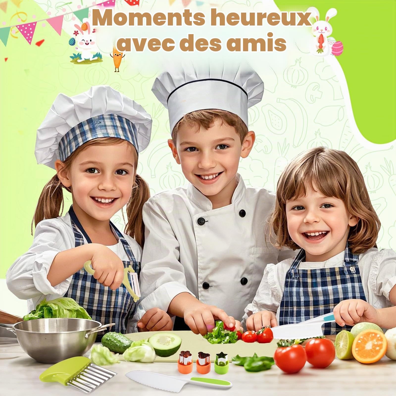 Couteaux pour Enfants,9 pièces,dès 2 Ans,Coffret de Couteaux de Cuisine de Chef avec Coupe-légumes,idéal pour Noël ou Un Anniversaire (Vert)