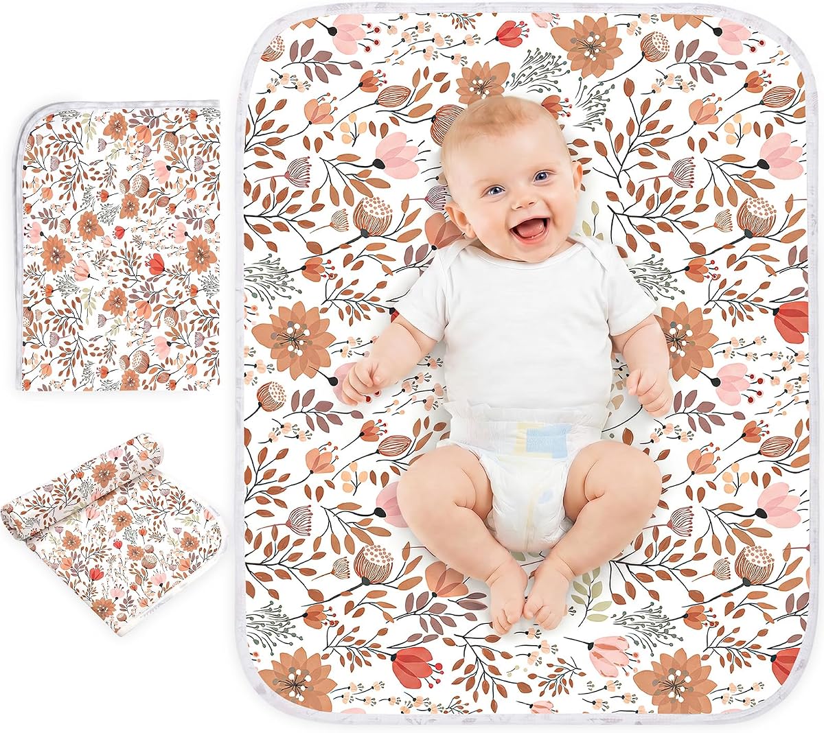 Portable Baby Changing Pad, Waterproof Diaper Changing Mat, 30"x24" | Ultra-Soft Cotton Surface, Skin-Friendly Bedpad, Crib Protection for Newborn Girls, Home & Travel Daily Use, Pink Flower