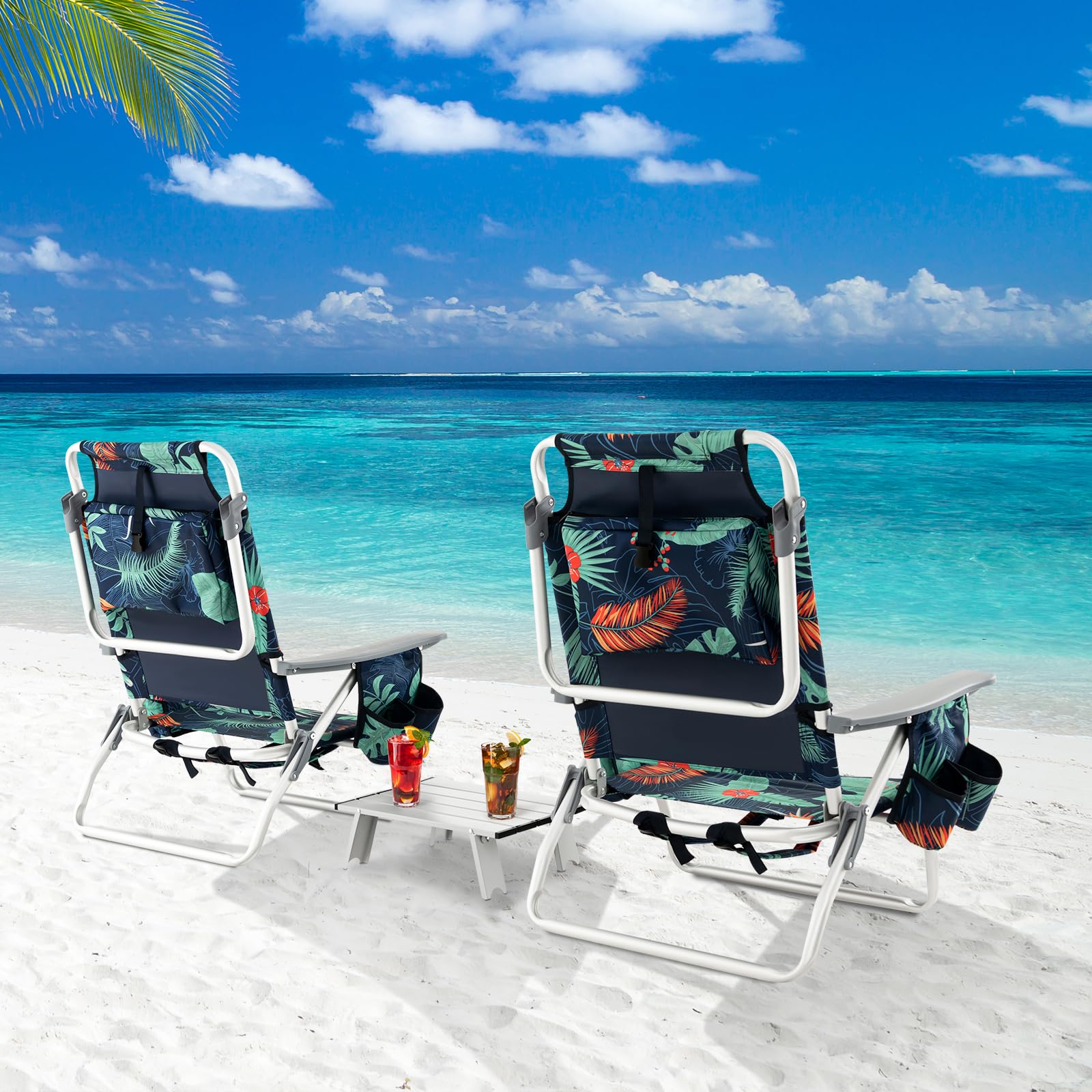 COSTWAY Lot de 2 Chaises de Plage Pliante avec Table Enroulable en Aluminium, Fauteuil de Jardin Inclinables à 5 Positions Charge Max 136 KG, pour Randonnée Plage Pêche (Floral)
