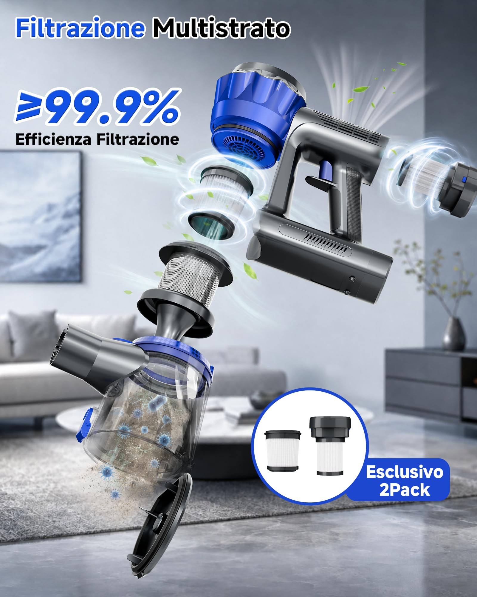 Aspirapolvere Senza Fili, con Display LED, 1,6 L Capacità, Anti-Enmêlement | Autoportante, Leggera, 45kPa/60min, Filtrazione multistadio, LED Verde, Per Animali/Pavimenti/Tappeti/Auto