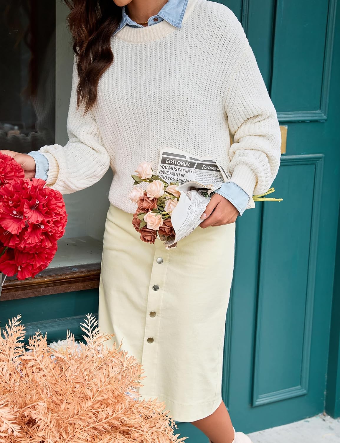 luvamia Corduroy Skirts for Women Midi Length High Waisted Button Down Trendy Stretchy Fall Elastic Waist Casual Skirt - Image 8