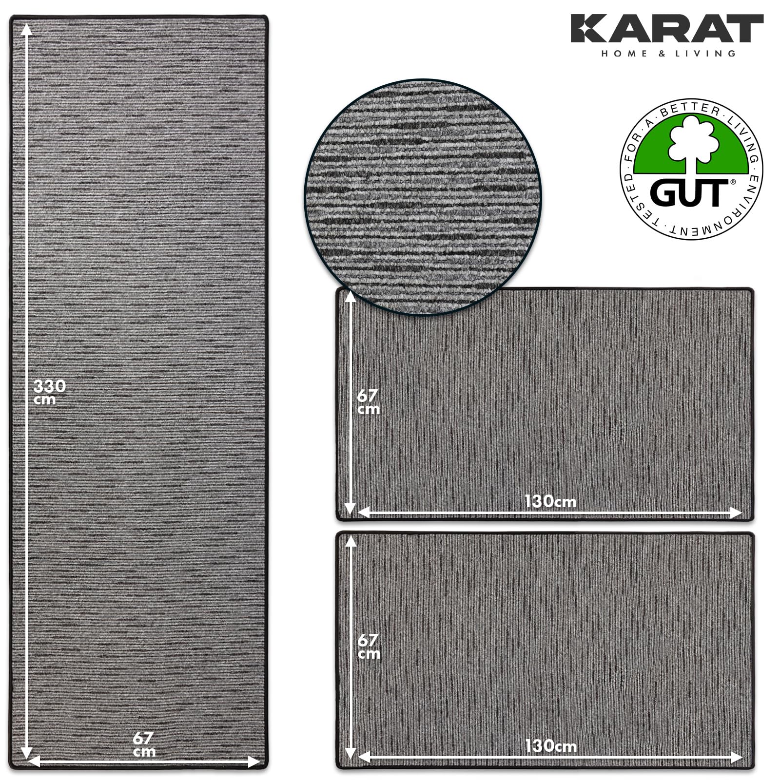 KARAT Tappeto per Letto - Set di 3 Pezzi - Moderna Cornice per Letto in Antracite - Tappeto per Camera da Letto e Soggiorno - Soffice Tappeto Geneva (L: 67 cm | L: 1 x 330 cm + 2 x 130 cm)