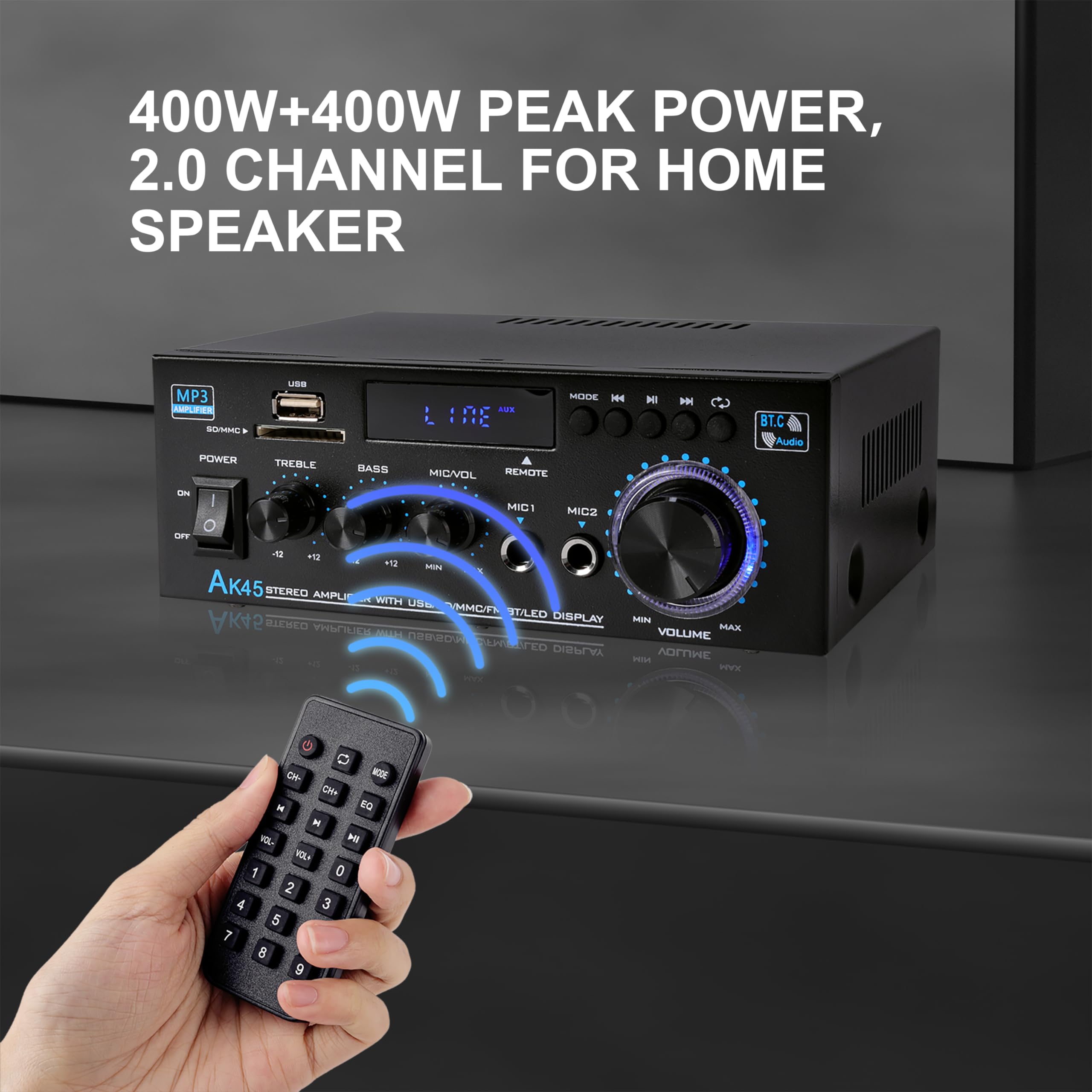 Amplificatore Bluetooth 800W, RMS 40W×2 Amplificatore HiFi, Ricevitore Amplificatore Stereo Amp per Home Theater, Altoparlante Auto W/Mic USB FM Radio Stereo (AK45)